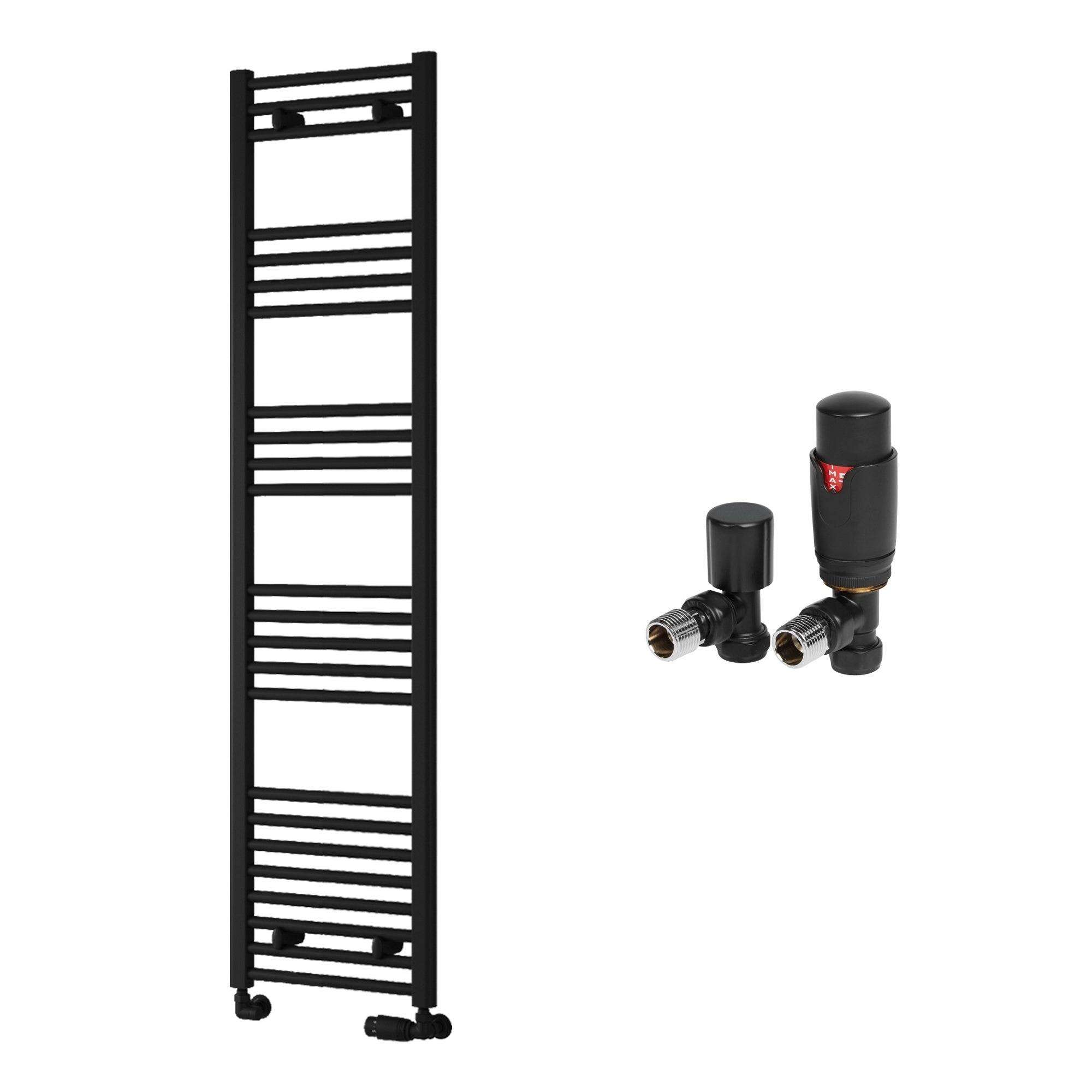 Reina Capo Flat Black Bathroom Heated Towel Rail 1600 x 400mm with TRV Angled Valves - Stylish Mild Steel Ladder Radiator