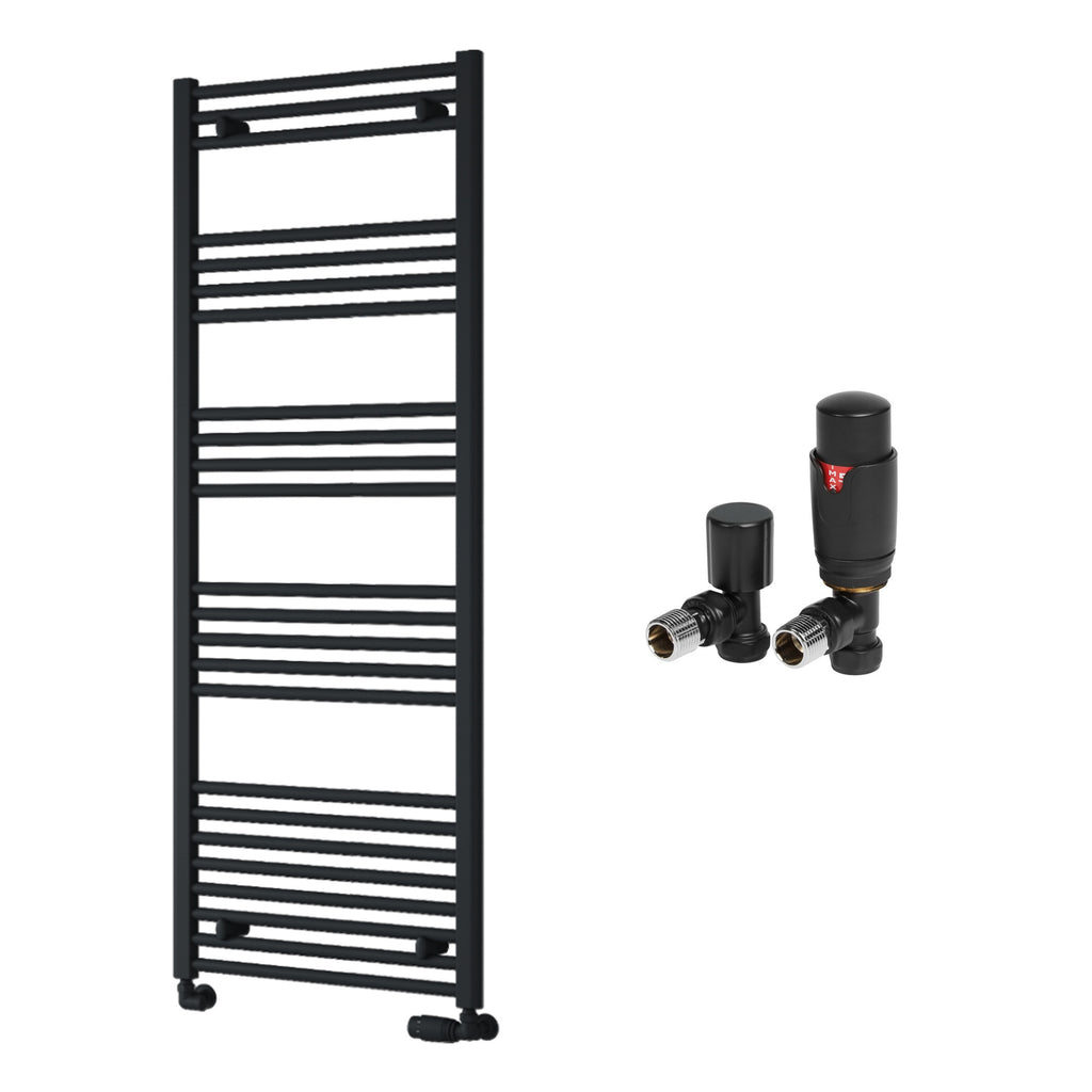 Reina Capo Flat Black Bathroom Heated Towel Rail 1600 x 500mm with TRV Angled Valves - Stylish Mild Steel Ladder Radiator