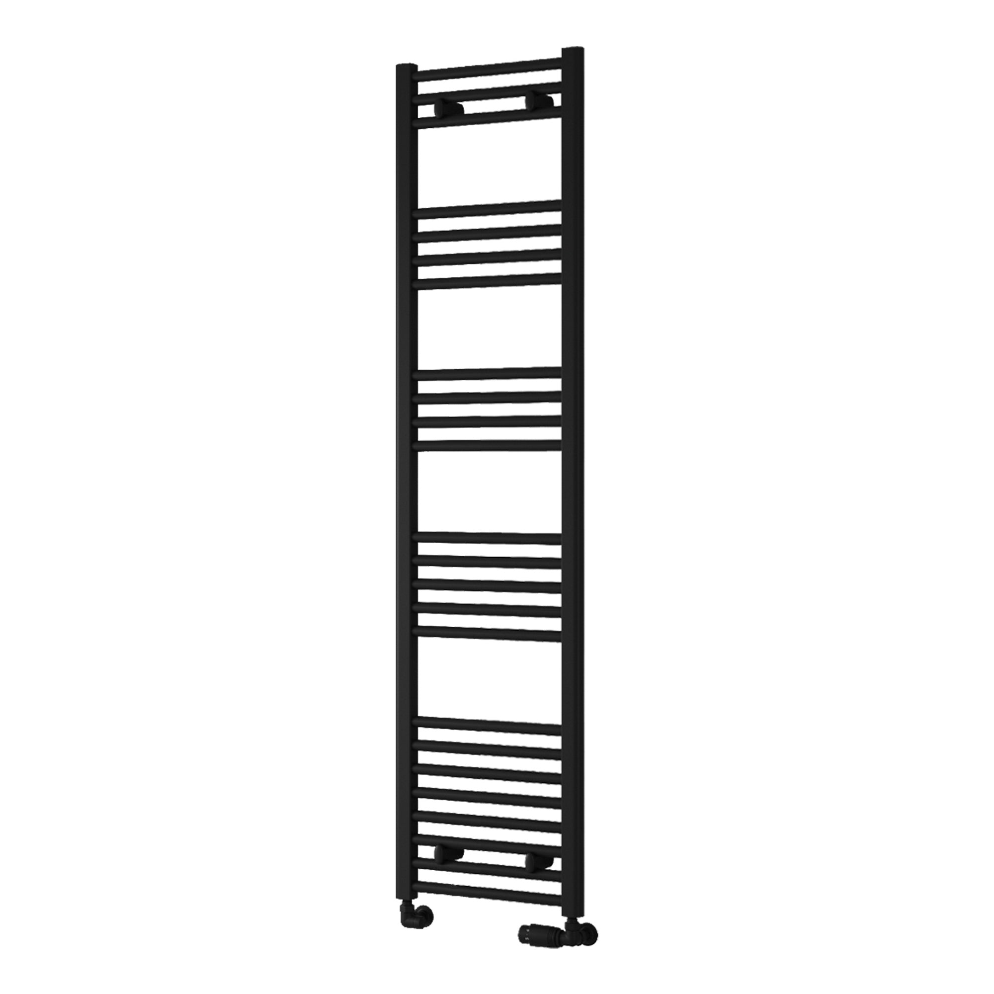 Reina Capo Flat Black Bathroom Heated Towel Rail 1600 x 500mm with TRV Angled Valves - Stylish Mild Steel Ladder Radiator
