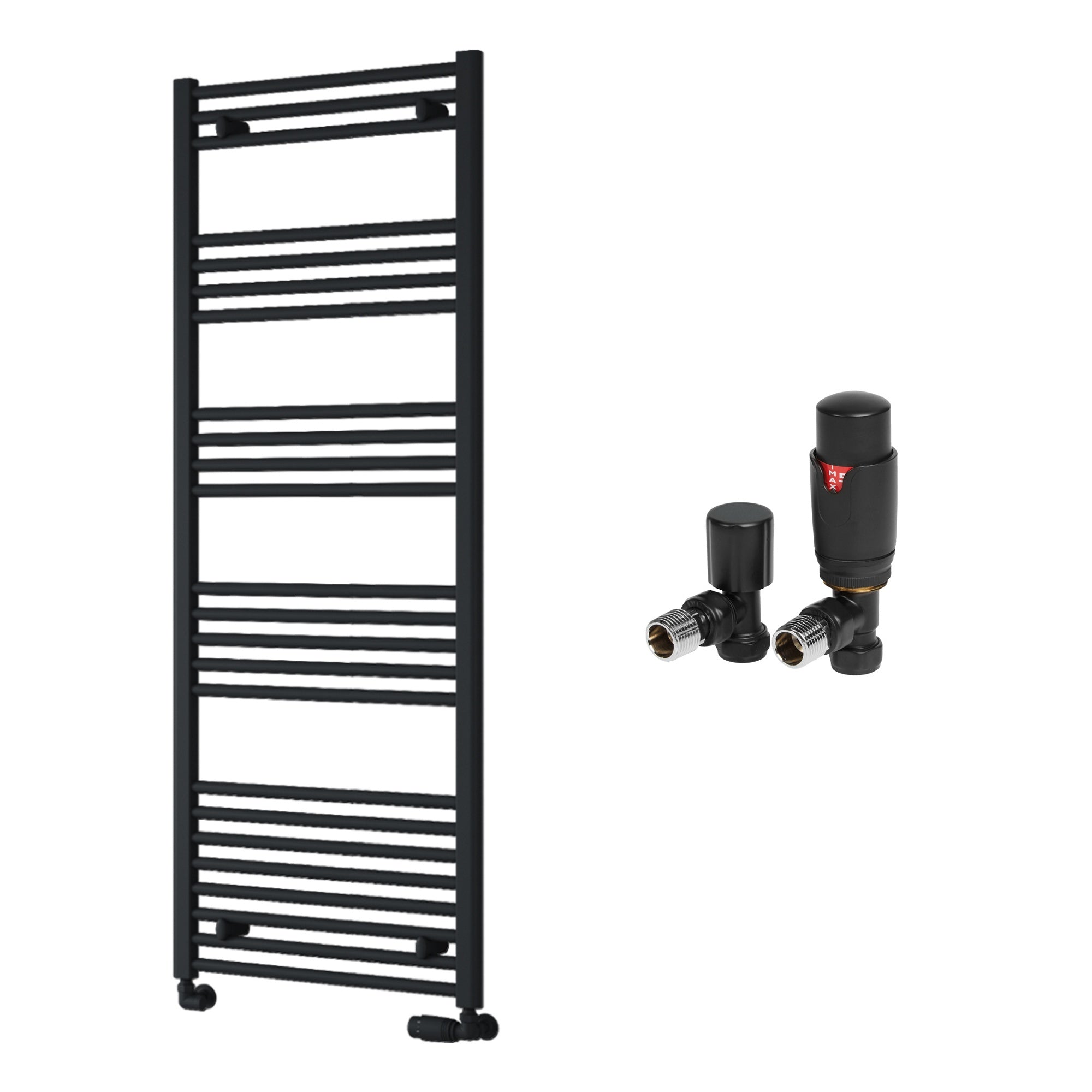Reina Capo Flat Black Bathroom Heated Towel Rail 1600 x 600mm with TRV Angled Valves - Stylish Mild Steel Ladder Radiator