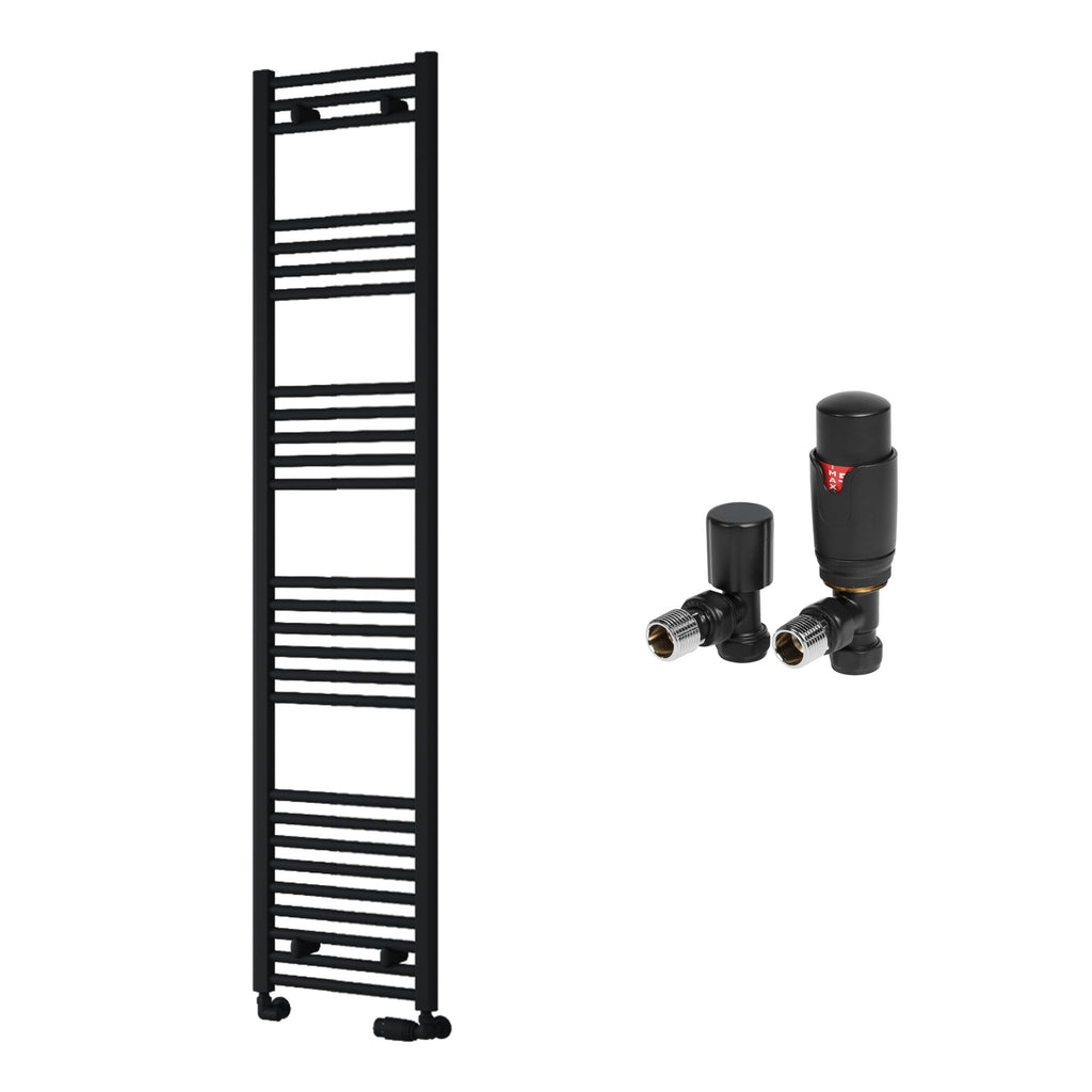 Reina Capo Flat Black Bathroom Heated Towel Rail 1800 x 400mm with TRV Angled Valves - Stylish Mild Steel Ladder Radiator