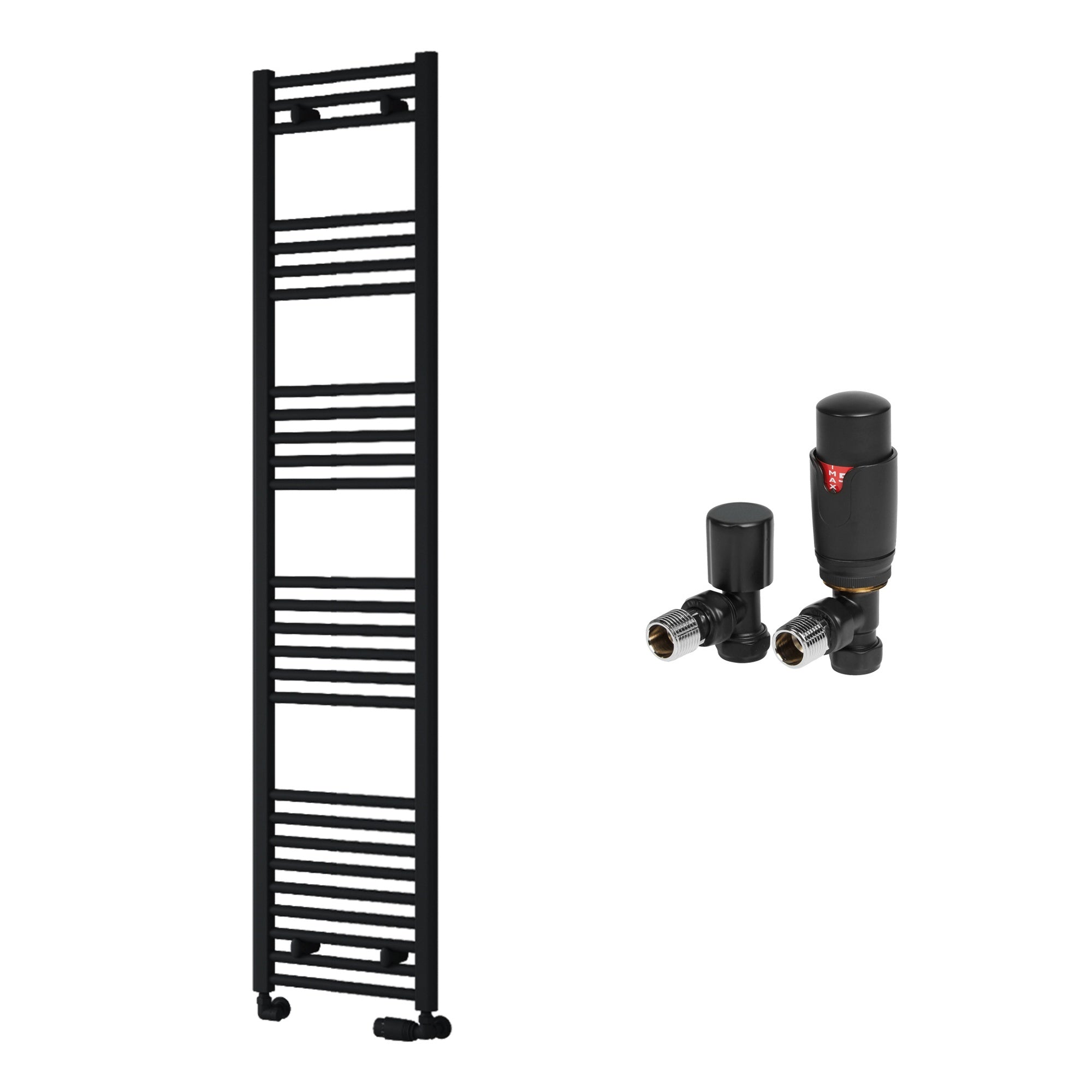 Reina Capo Flat Black Bathroom Heated Towel Rail 1800 x 400mm with TRV Angled Valves - Stylish Mild Steel Ladder Radiator