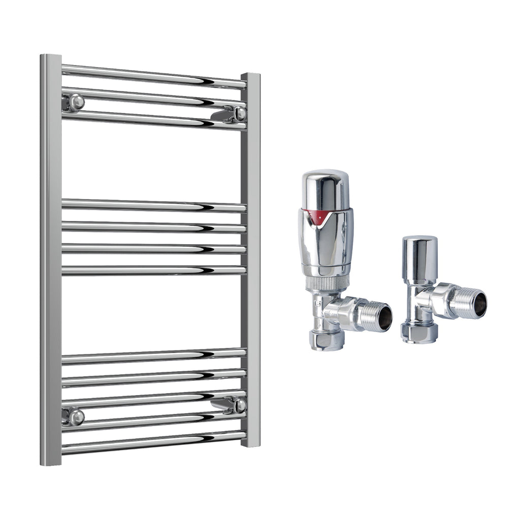 Reina Capo Flat Chrome Bathroom Heated Towel Rail 800 x 400mm with TRV Angled Valves - Stylish Mild Steel Ladder Radiator