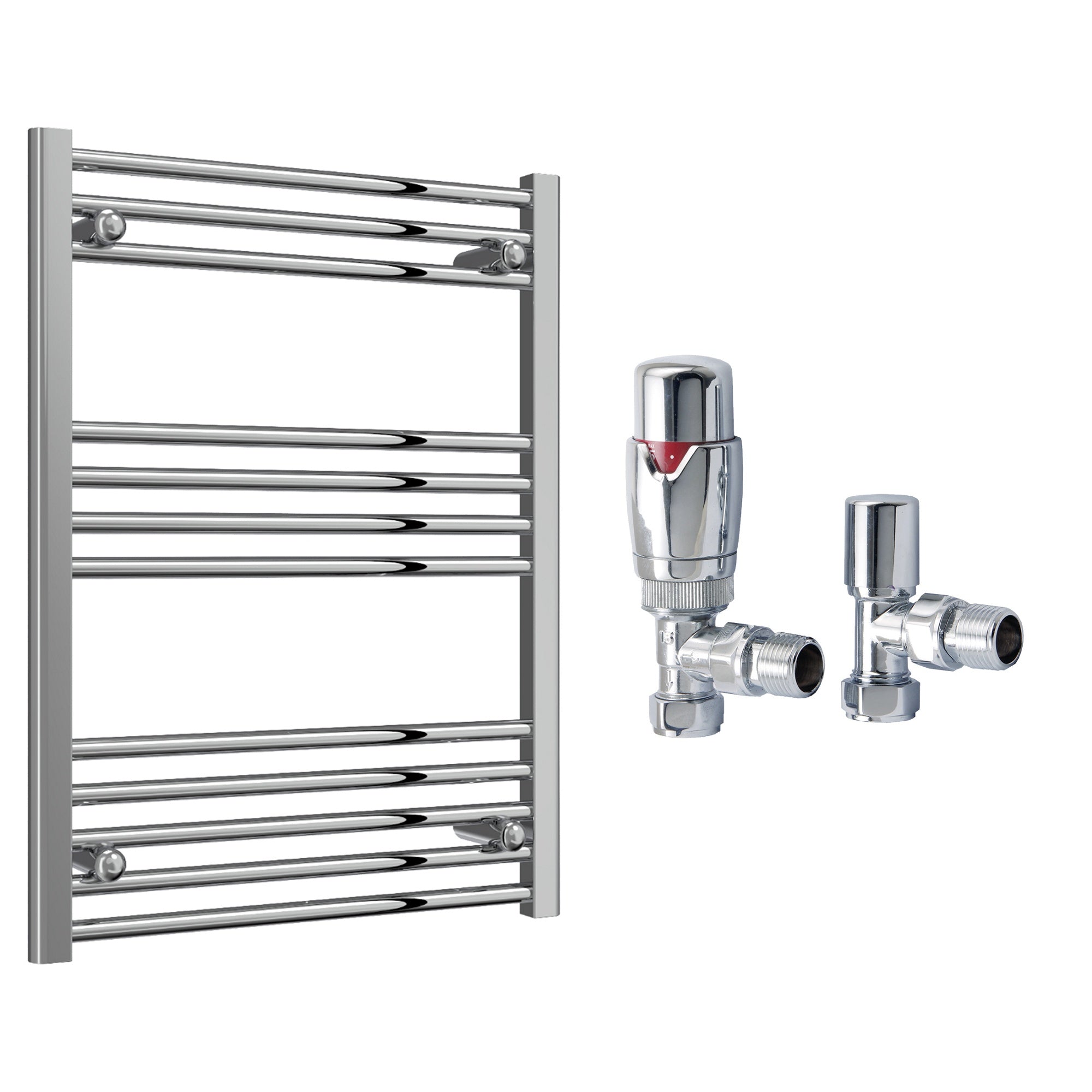 Reina Capo Flat Chrome Bathroom Heated Towel Rail 800 x 600mm with TRV Angled Valves - Stylish Mild Steel Ladder Radiator