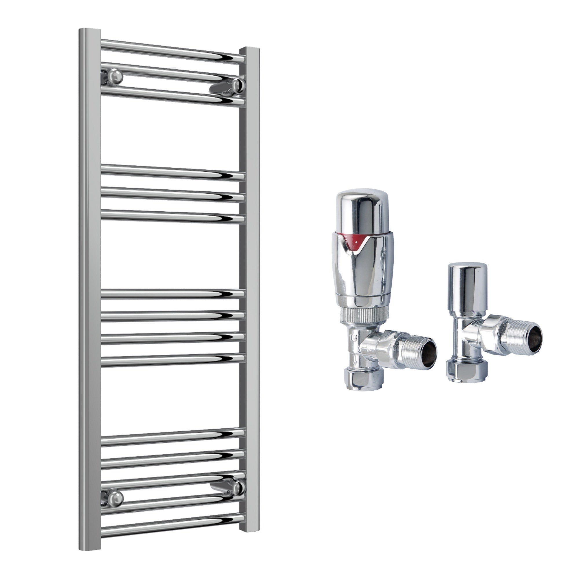 Reina Capo Flat Chrome Bathroom Heated Towel Rail 1000 x 400mm with TRV Angled Valves - Stylish Mild Steel Ladder Radiator