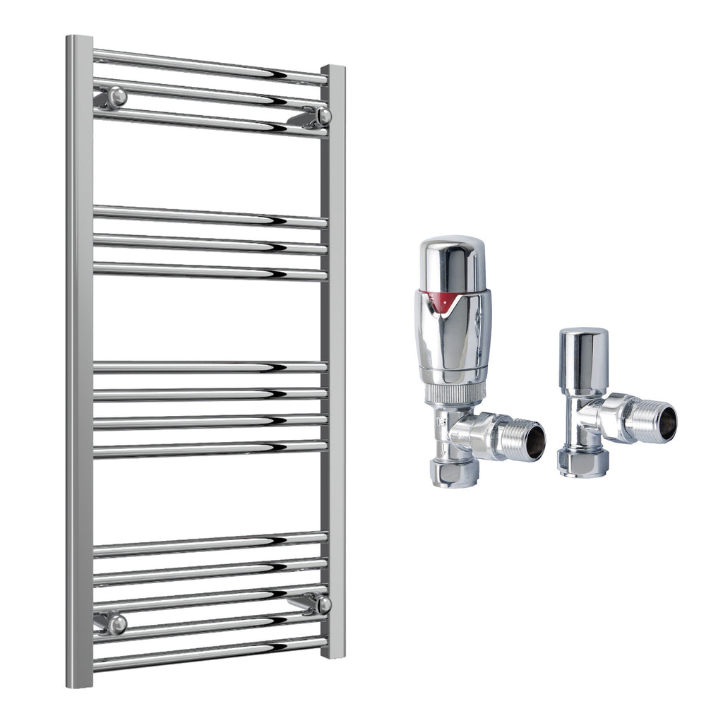 Reina Capo Flat Chrome Bathroom Heated Towel Rail 1000 x 500mm with TRV Angled Valves - Stylish Mild Steel Ladder Radiator