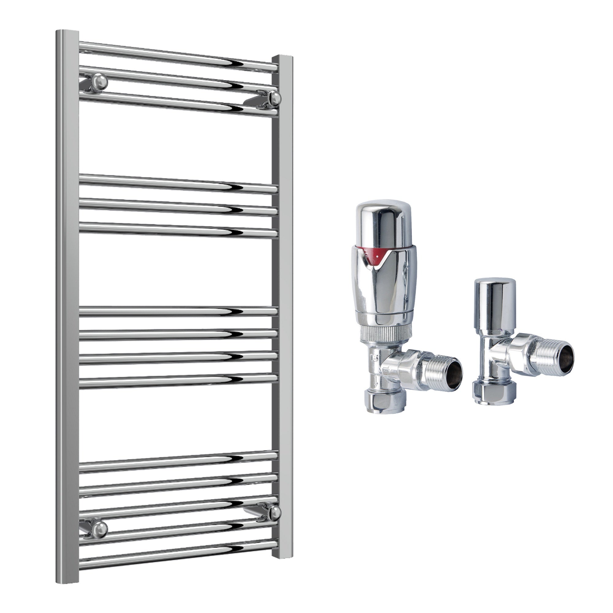 Reina Capo Flat Chrome Bathroom Heated Towel Rail 1000 x 500mm with TRV Angled Valves - Stylish Mild Steel Ladder Radiator