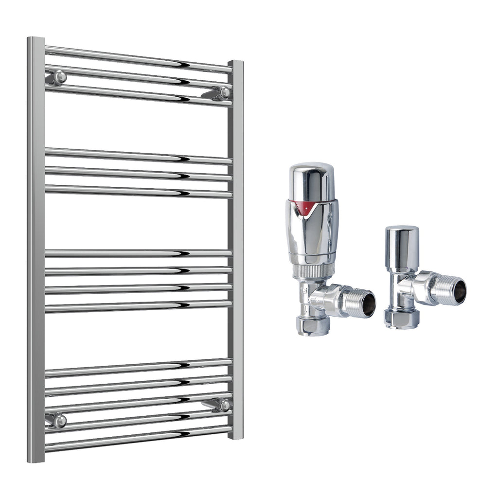 Reina Capo Flat Chrome Bathroom Heated Towel Rail 1000 x 600mm with TRV Angled Valves - Stylish Mild Steel Ladder Radiator