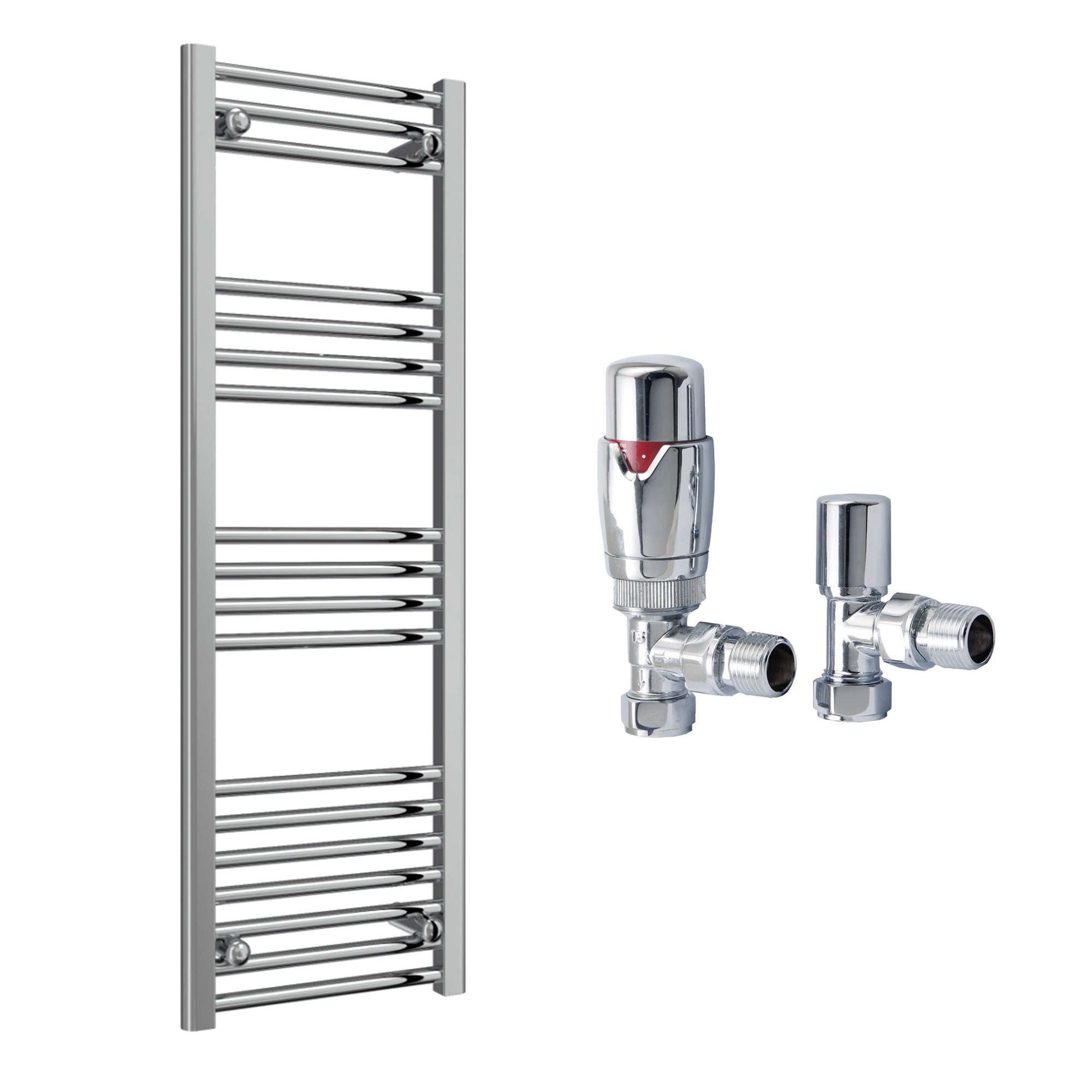 Reina Capo Flat Chrome Bathroom Heated Towel Rail 1200 x 400mm with TRV Angled Valves - Stylish Mild Steel Ladder Radiator