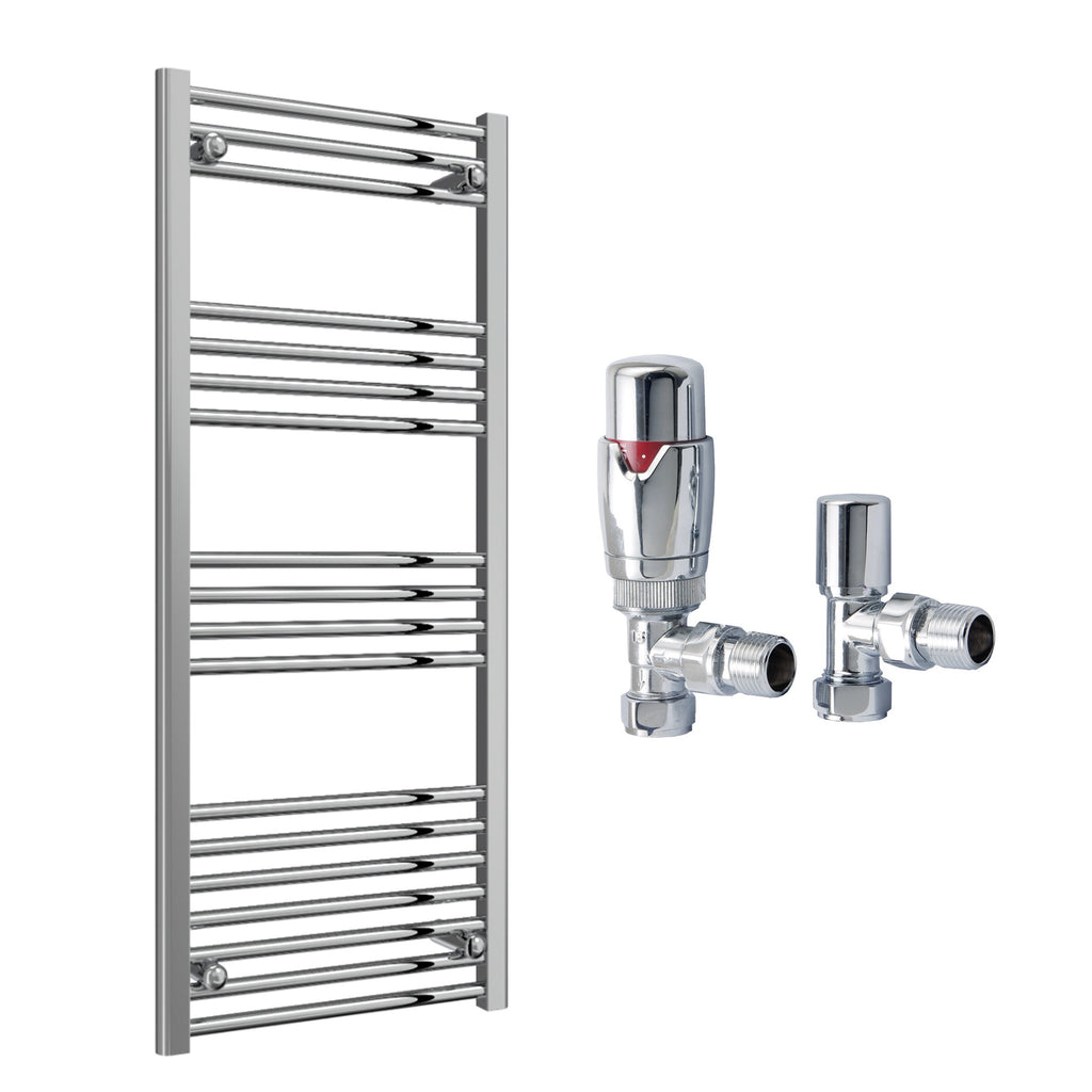 Reina Capo Flat Chrome Bathroom Heated Towel Rail 1200 x 500mm with TRV Angled Valves - Stylish Mild Steel Ladder Radiator