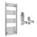 Reina Capo Flat Chrome Bathroom Heated Towel Rail 1200 x 500mm with TRV Angled Valves - Stylish Mild Steel Ladder Radiator