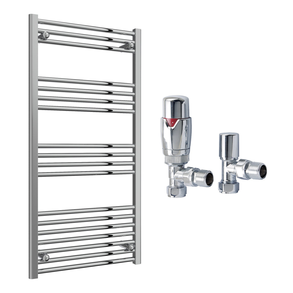 Reina Capo Flat Chrome Bathroom Heated Towel Rail 1200 x 600mm with TRV Angled Valves - Stylish Mild Steel Ladder Radiator