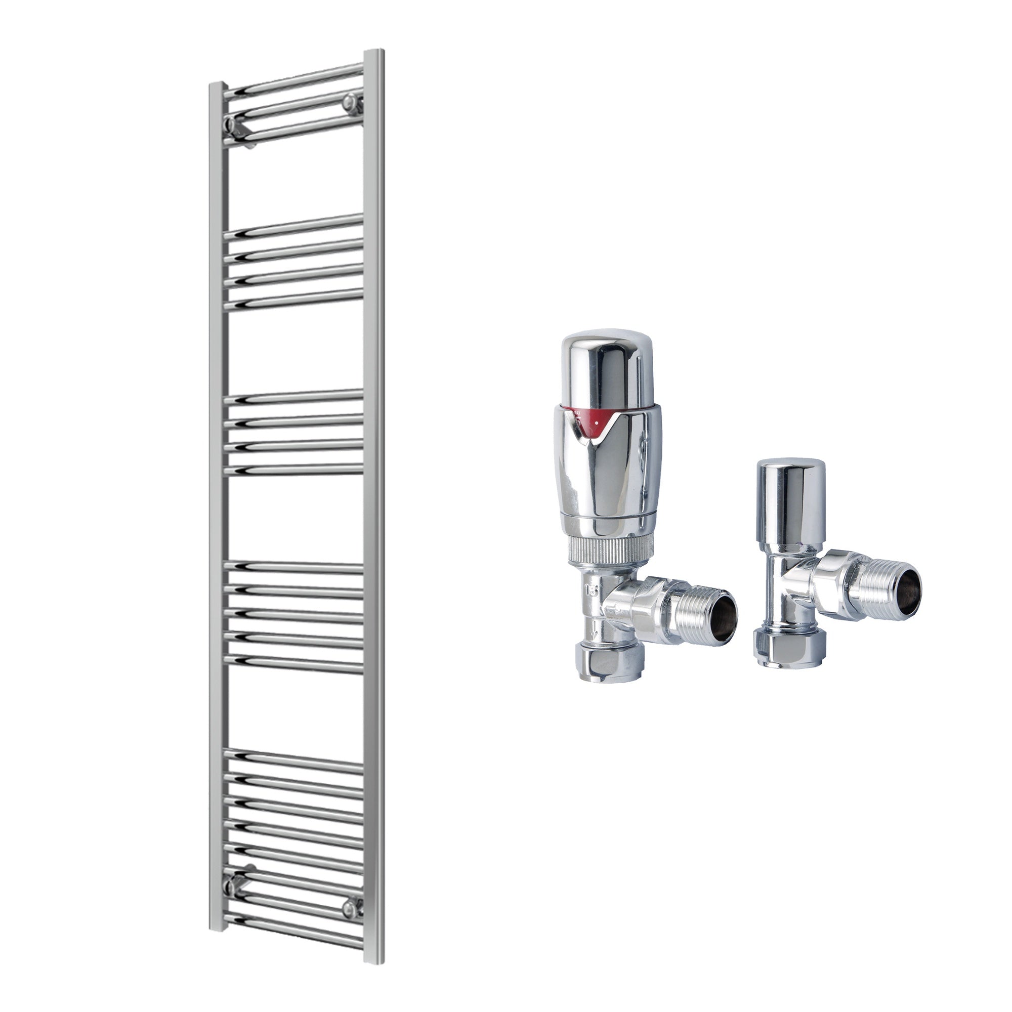 Reina Capo Flat Chrome Bathroom Heated Towel Rail 1600 x 400mm with TRV Angled Valves - Stylish Mild Steel Ladder Radiator