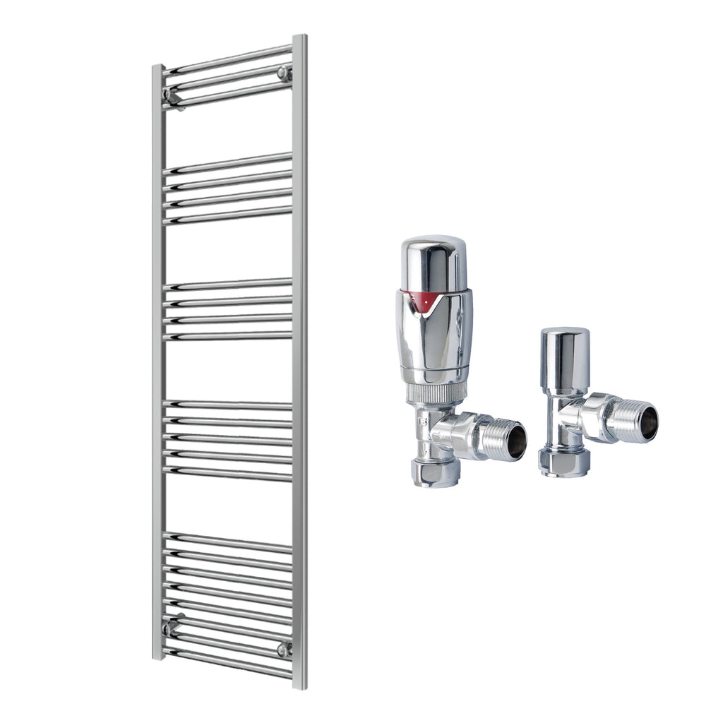 Reina Capo Flat Chrome Bathroom Heated Towel Rail 1600 x 500mm with TRV Angled Valves - Stylish Mild Steel Ladder Radiator