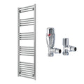 Reina Capo Flat Chrome Bathroom Heated Towel Rail 1600 x 500mm with TRV Angled Valves - Stylish Mild Steel Ladder Radiator