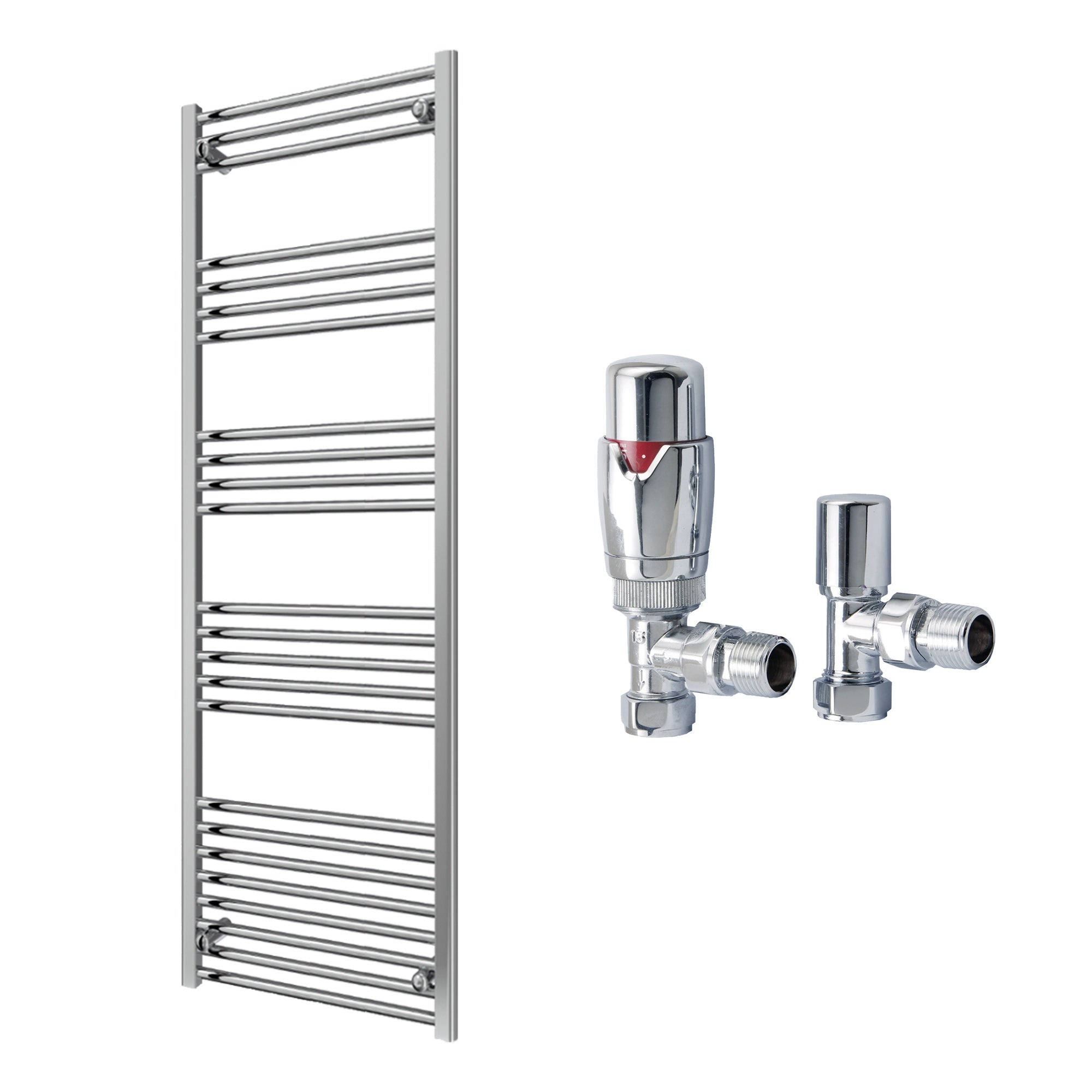 Reina Capo Flat Chrome Bathroom Heated Towel Rail 1600 x 600mm with TRV Angled Valves - Stylish Mild Steel Ladder Radiator