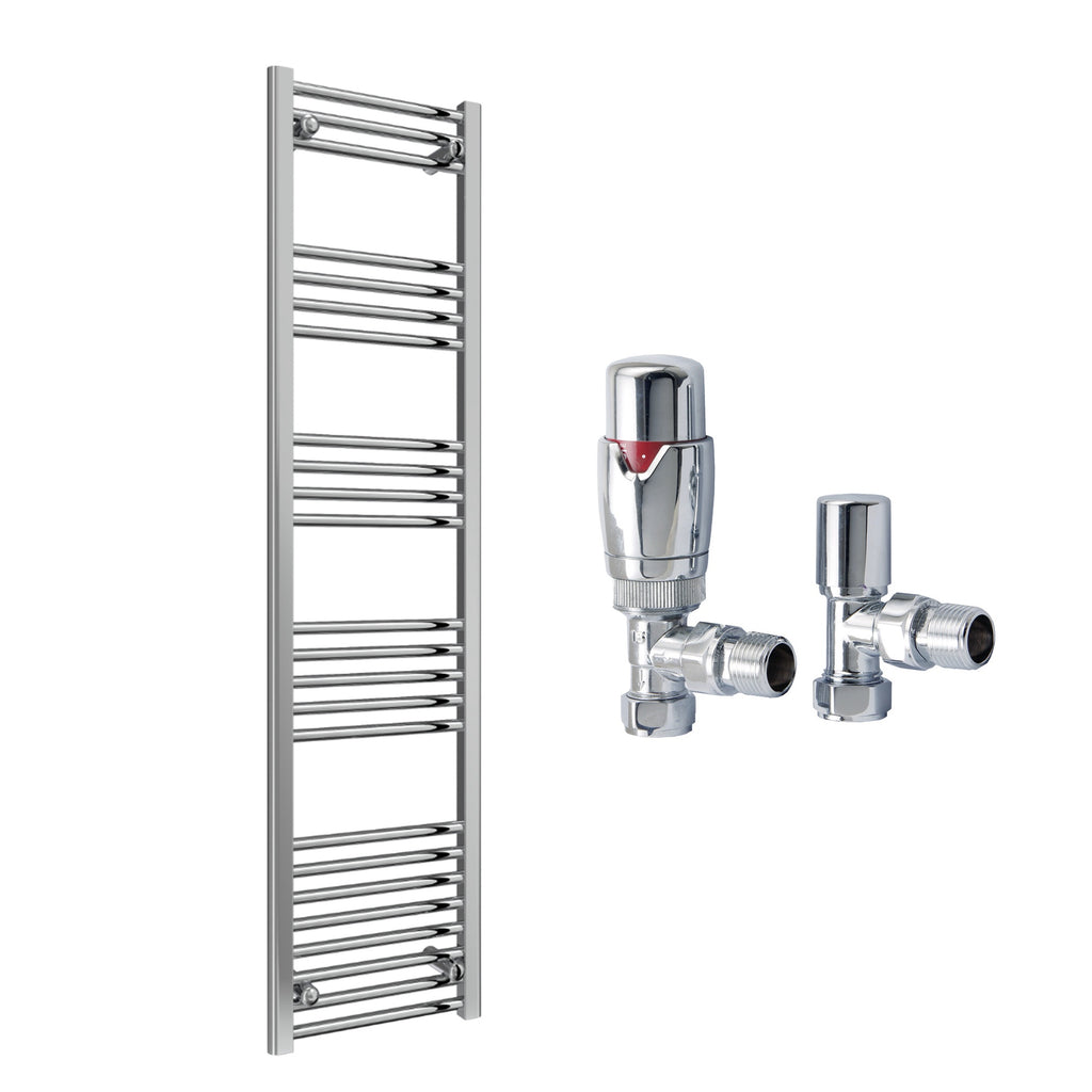 Reina Capo Flat Chrome Bathroom Heated Towel Rail 1800 x 400mm with TRV Angled Valves - Stylish Mild Steel Ladder Radiator