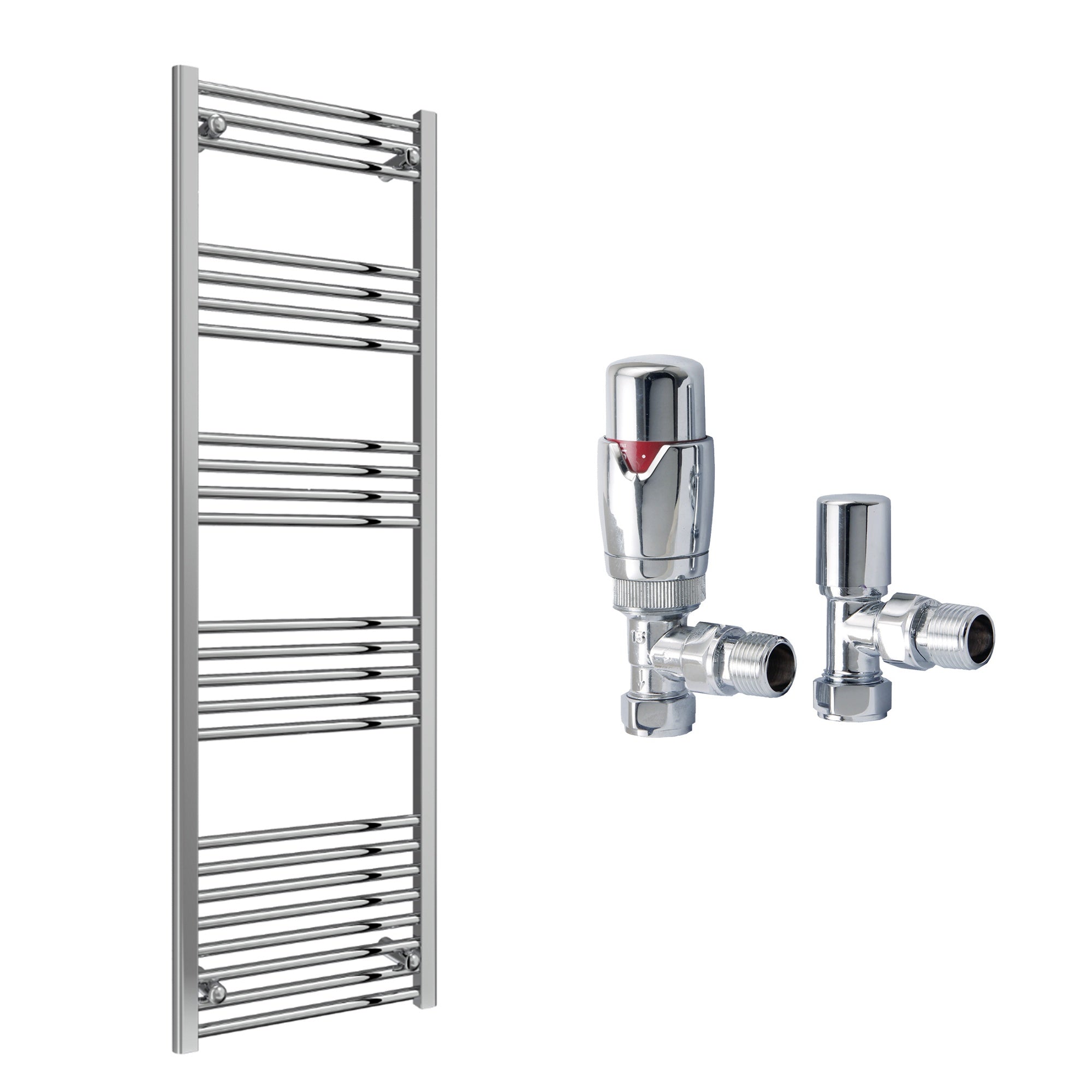 Reina Capo Flat Chrome Bathroom Heated Towel Rail 1800 x 500mm with TRV Angled Valves - Stylish Mild Steel Ladder Radiator