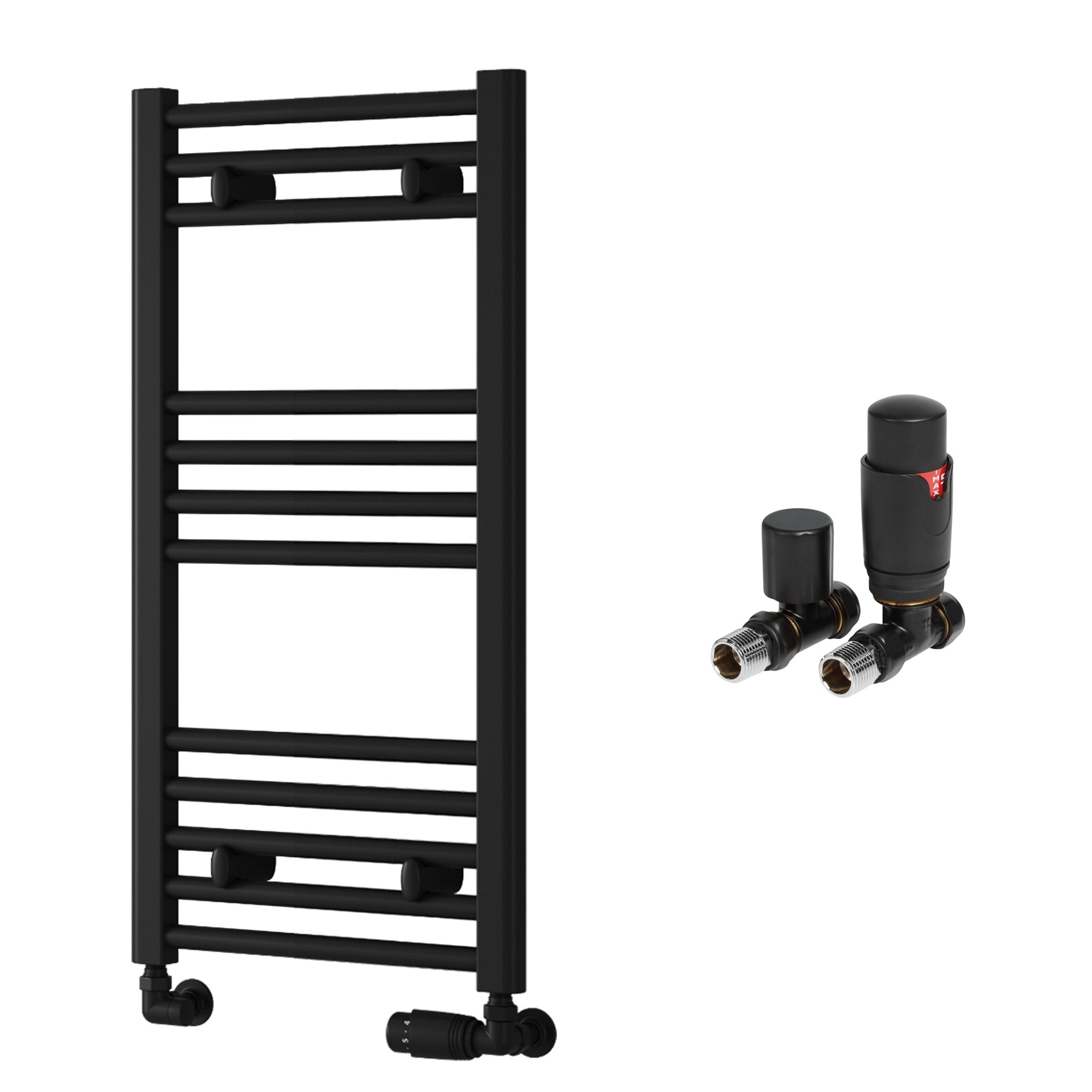 Reina Capo Flat Black Bathroom Heated Towel Rail 800 x 400mm with TRV Straight Valves - Stylish Mild Steel Ladder Radiator