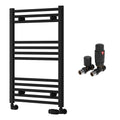 Reina Capo Flat Black Bathroom Heated Towel Rail 800 x 500mm with TRV Straight Valves - Stylish Mild Steel Ladder Radiator