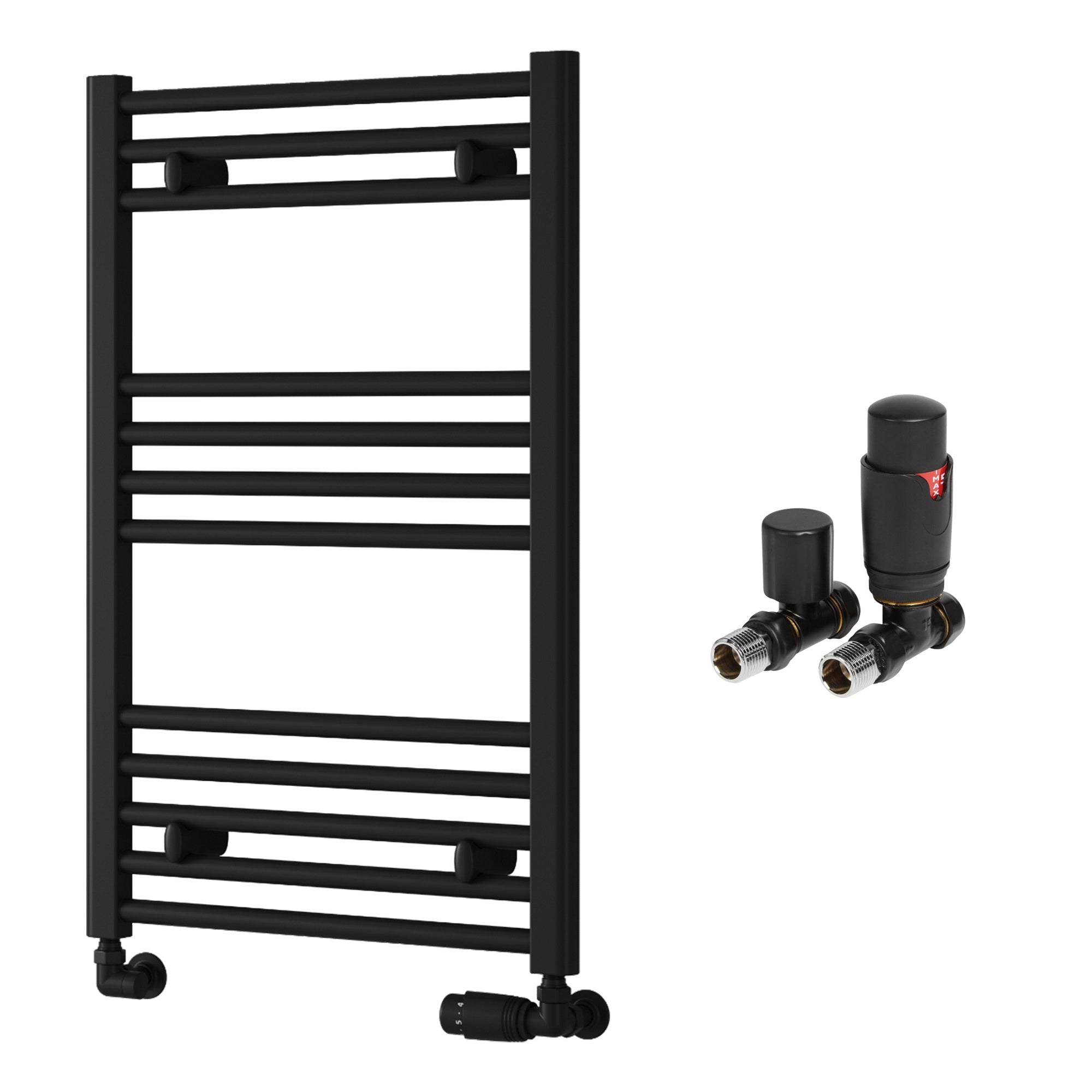 Reina Capo Flat Black Bathroom Heated Towel Rail 800 x 500mm with TRV Straight Valves - Stylish Mild Steel Ladder Radiator