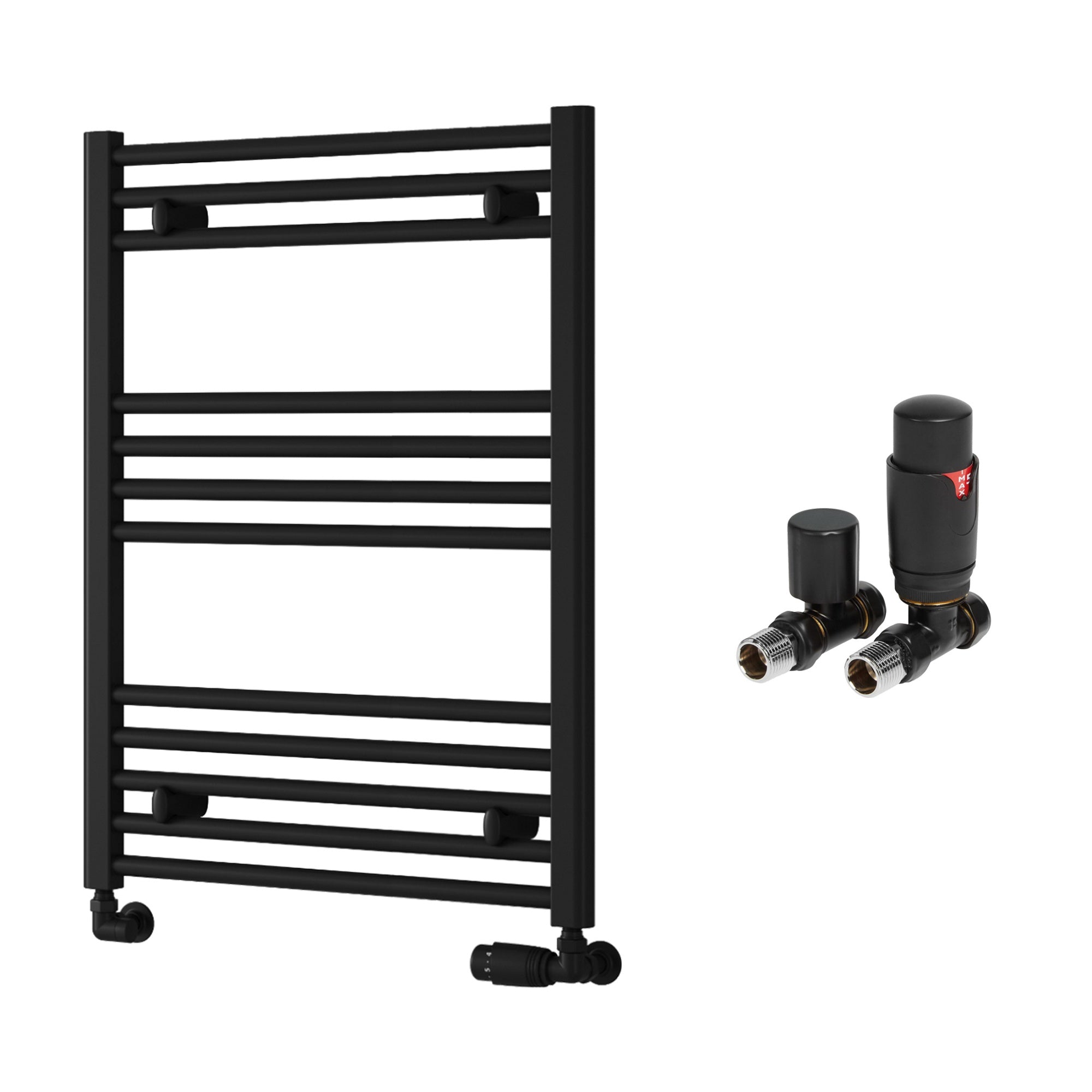 Reina Capo Flat Black Bathroom Heated Towel Rail 800 x 600mm with TRV Straight Valves - Stylish Mild Steel Ladder Radiator