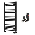 Reina Capo Flat Black Bathroom Heated Towel Rail 1000 x 500mm with TRV Straight Valves - Stylish Mild Steel Ladder Radiator