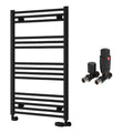 Reina Capo Flat Black Bathroom Heated Towel Rail 1000 x 600mm with TRV Straight Valves - Stylish Mild Steel Ladder Radiator