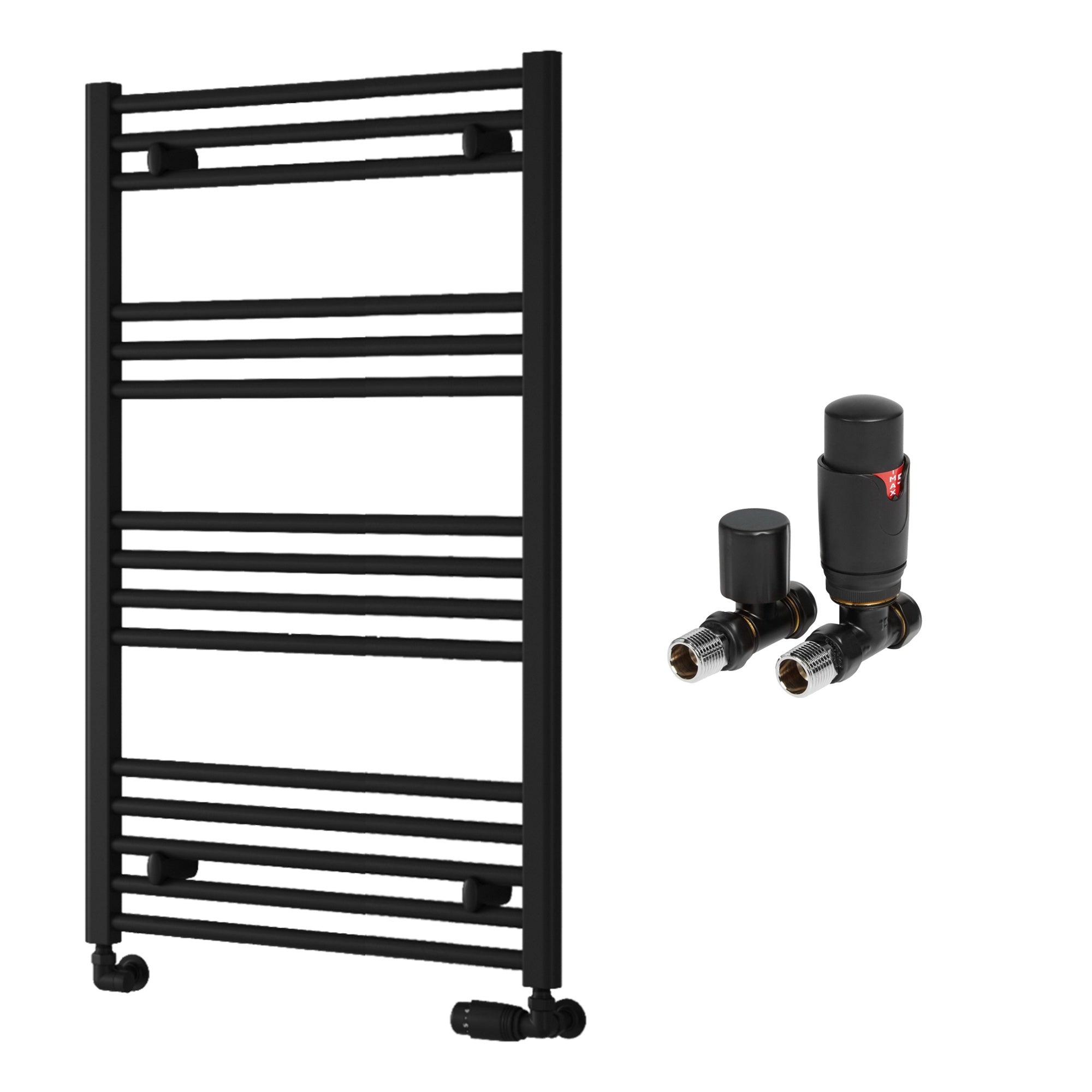Reina Capo Flat Black Bathroom Heated Towel Rail 1000 x 600mm with TRV Straight Valves - Stylish Mild Steel Ladder Radiator
