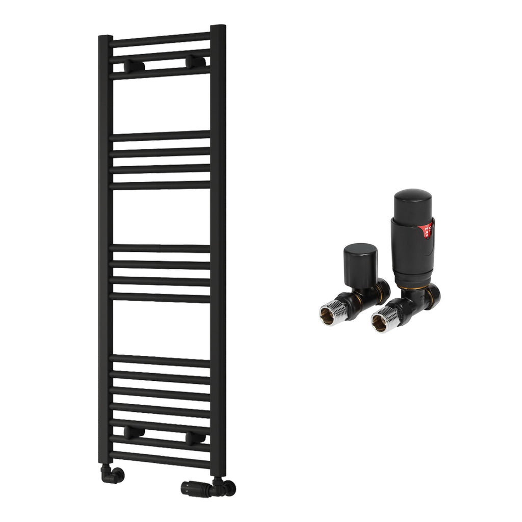 Reina Capo Flat Black Bathroom Heated Towel Rail 1200 x 400mm with TRV Straight Valves - Stylish Mild Steel Ladder Radiator