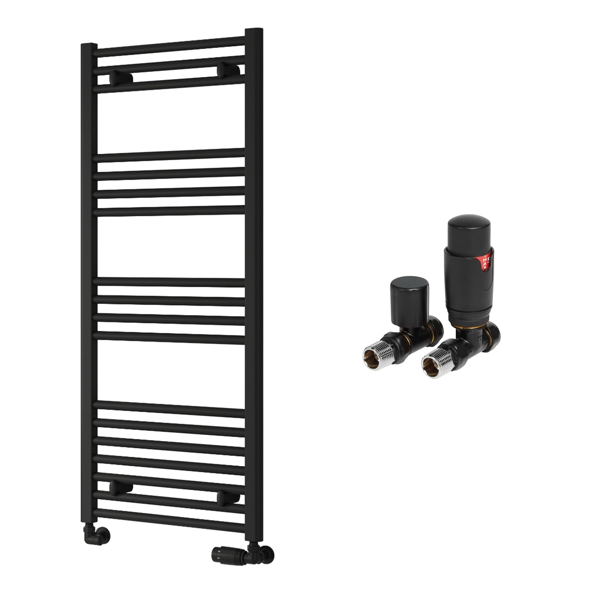 Reina Capo Flat Black Bathroom Heated Towel Rail 1200 x 500mm with TRV Straight Valves - Stylish Mild Steel Ladder Radiator