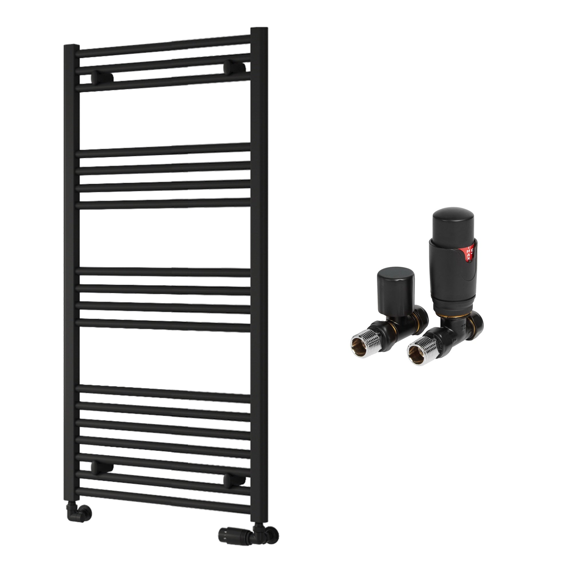 Reina Capo Flat Black Bathroom Heated Towel Rail 1200 x 600mm with TRV Straight Valves - Stylish Mild Steel Ladder Radiator