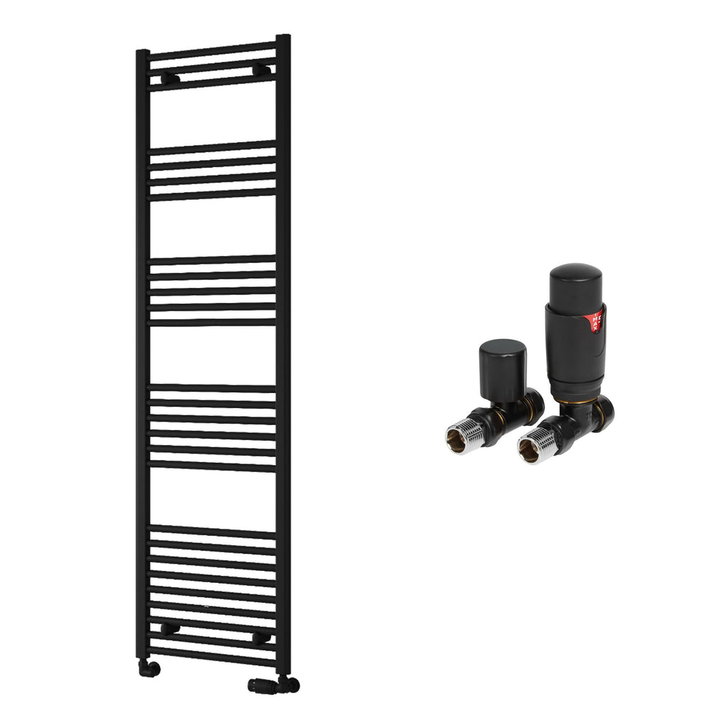 Reina Capo Flat Black Bathroom Heated Towel Rail 1600 x 500mm with TRV Straight Valves - Stylish Mild Steel Ladder Radiator