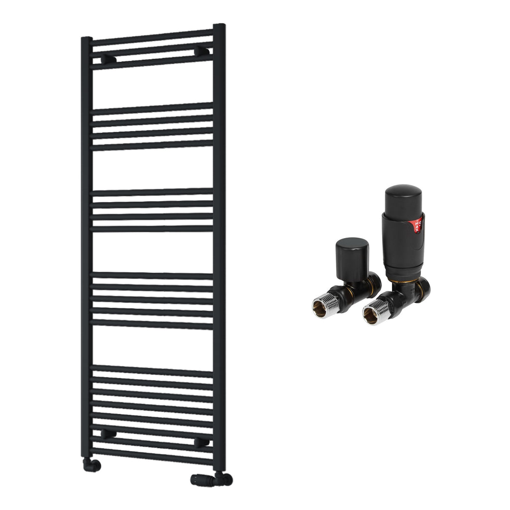 Reina Capo Flat Black Bathroom Heated Towel Rail 1600 x 600mm with TRV Straight Valves - Stylish Mild Steel Ladder Radiator