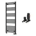 Reina Capo Flat Black Bathroom Heated Towel Rail 1600 x 600mm with TRV Straight Valves - Stylish Mild Steel Ladder Radiator