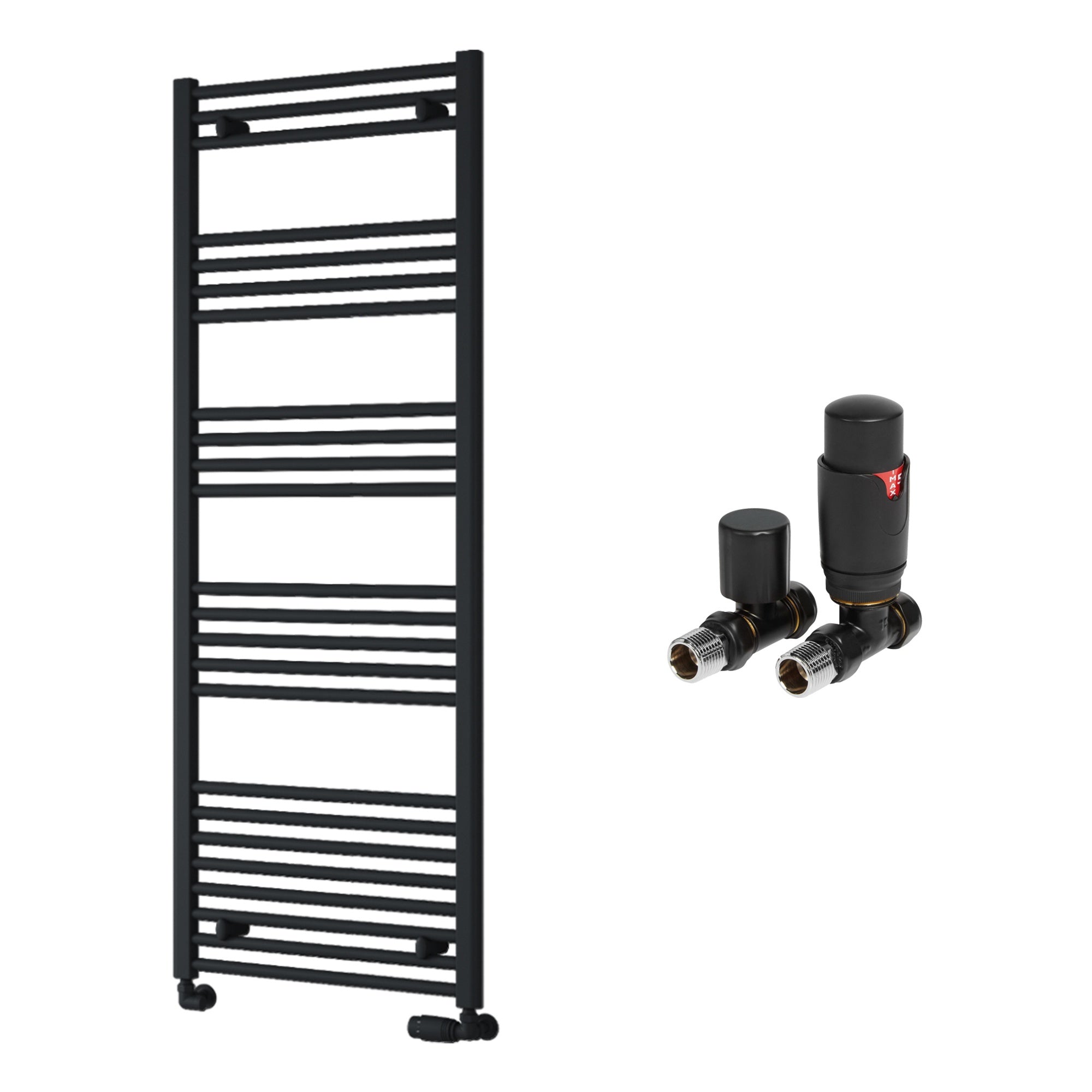 Reina Capo Flat Black Bathroom Heated Towel Rail 1600 x 600mm with TRV Straight Valves - Stylish Mild Steel Ladder Radiator