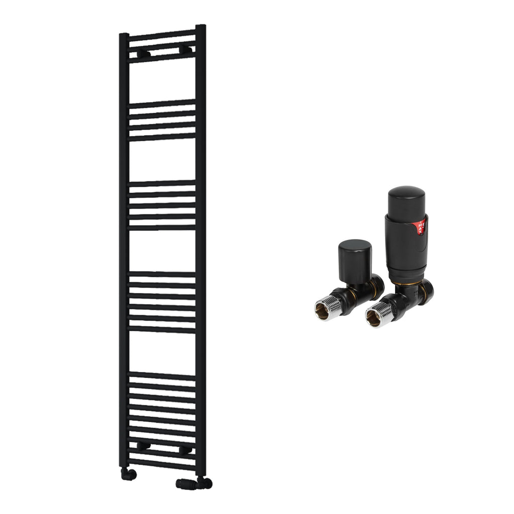 Reina Capo Flat Black Bathroom Heated Towel Rail 1800 x 400mm with TRV Straight Valves - Stylish Mild Steel Ladder Radiator