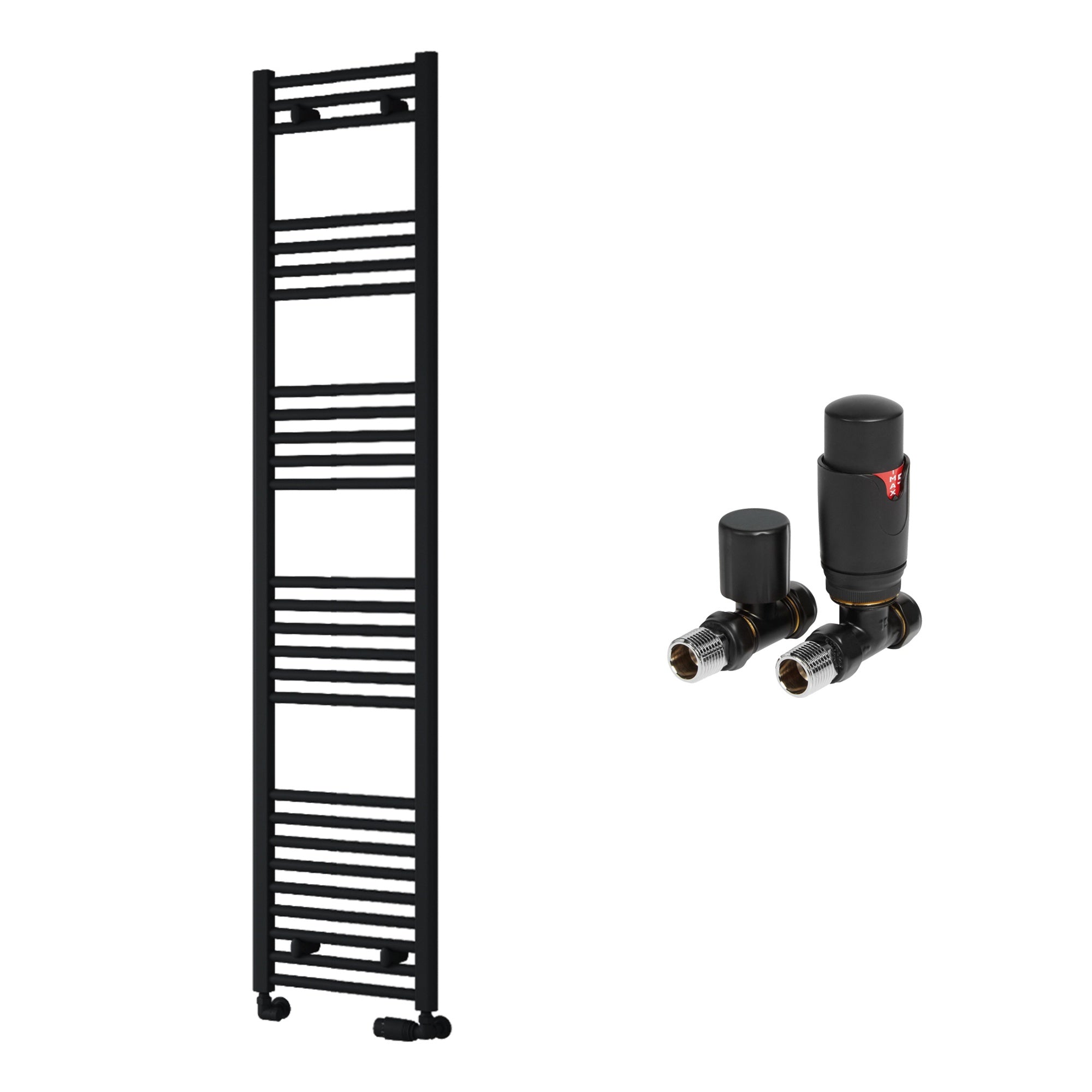 Reina Capo Flat Black Bathroom Heated Towel Rail 1800 x 400mm with TRV Straight Valves - Stylish Mild Steel Ladder Radiator