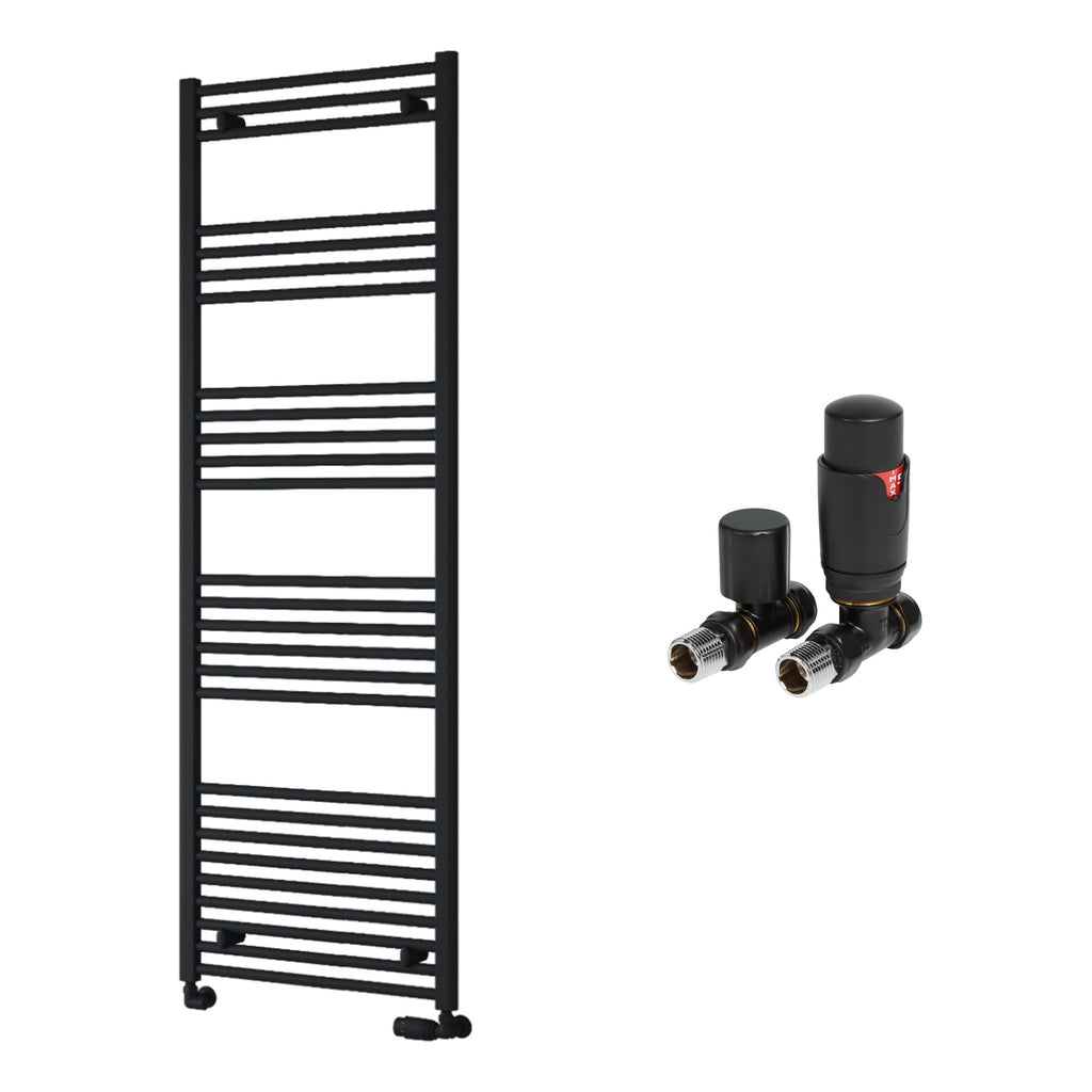 Reina Capo Flat Black Bathroom Heated Towel Rail 1800 x 600mm with TRV Straight Valves - Stylish Mild Steel Ladder Radiator