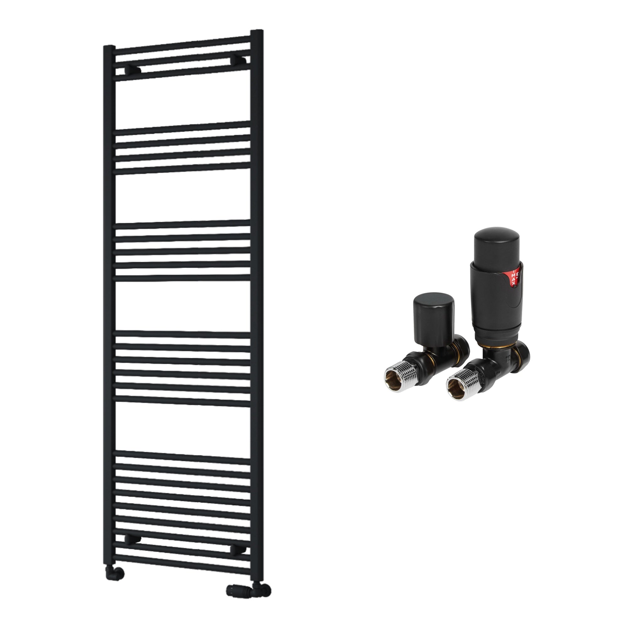 Reina Capo Flat Black Bathroom Heated Towel Rail 1800 x 600mm with TRV Straight Valves - Stylish Mild Steel Ladder Radiator