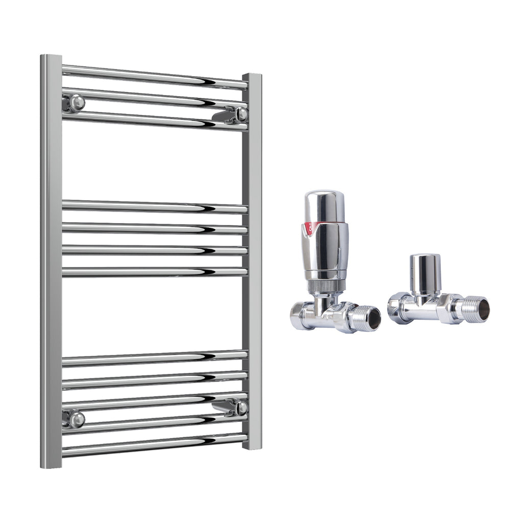 Reina Capo Flat Chrome Bathroom Heated Towel Rail 800 x 500mm with TRV Straight Valves - Stylish Mild Steel Ladder Radiator