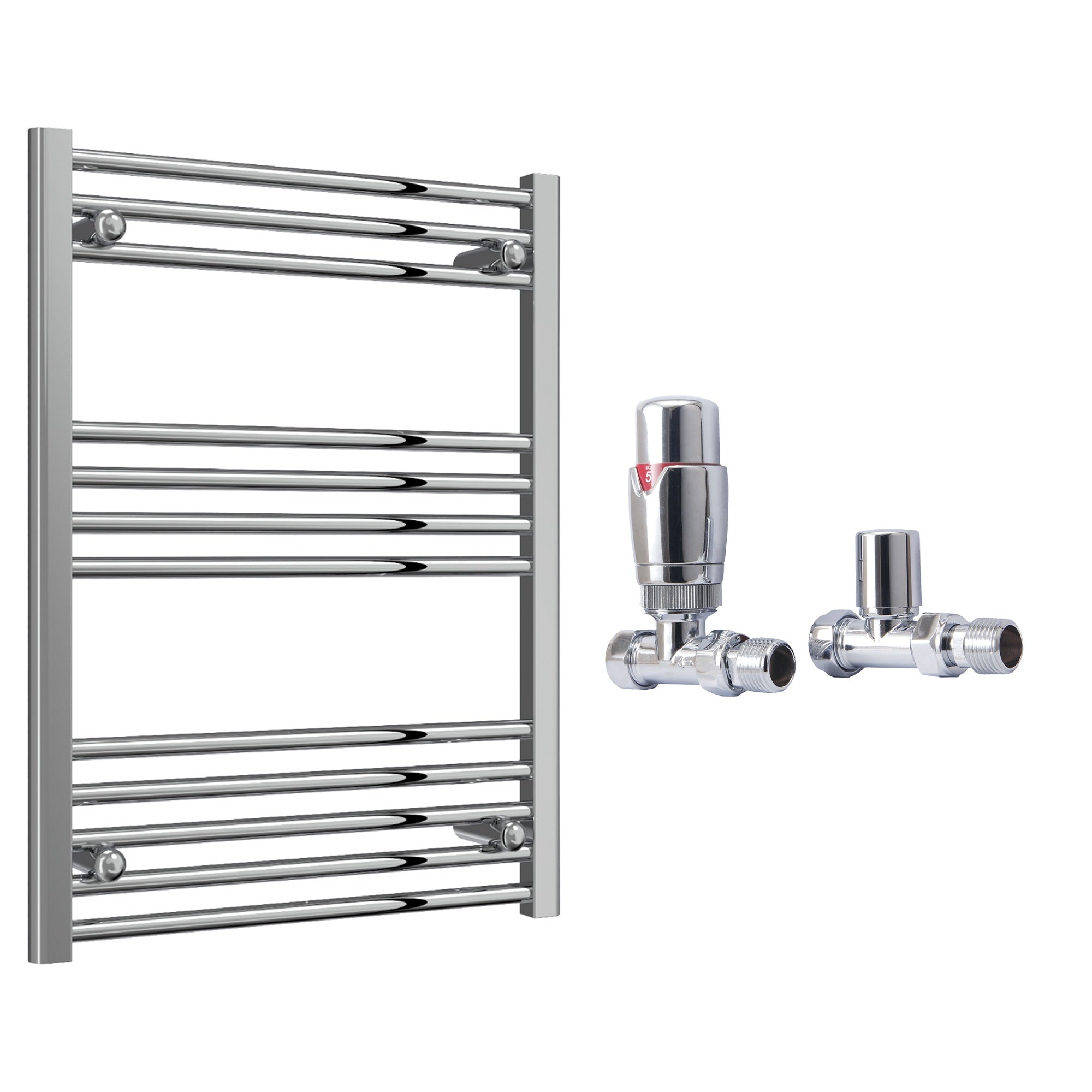 Reina Capo Flat Chrome Bathroom Heated Towel Rail 800 x 600mm with TRV Straight Valves - Stylish Mild Steel Ladder Radiator