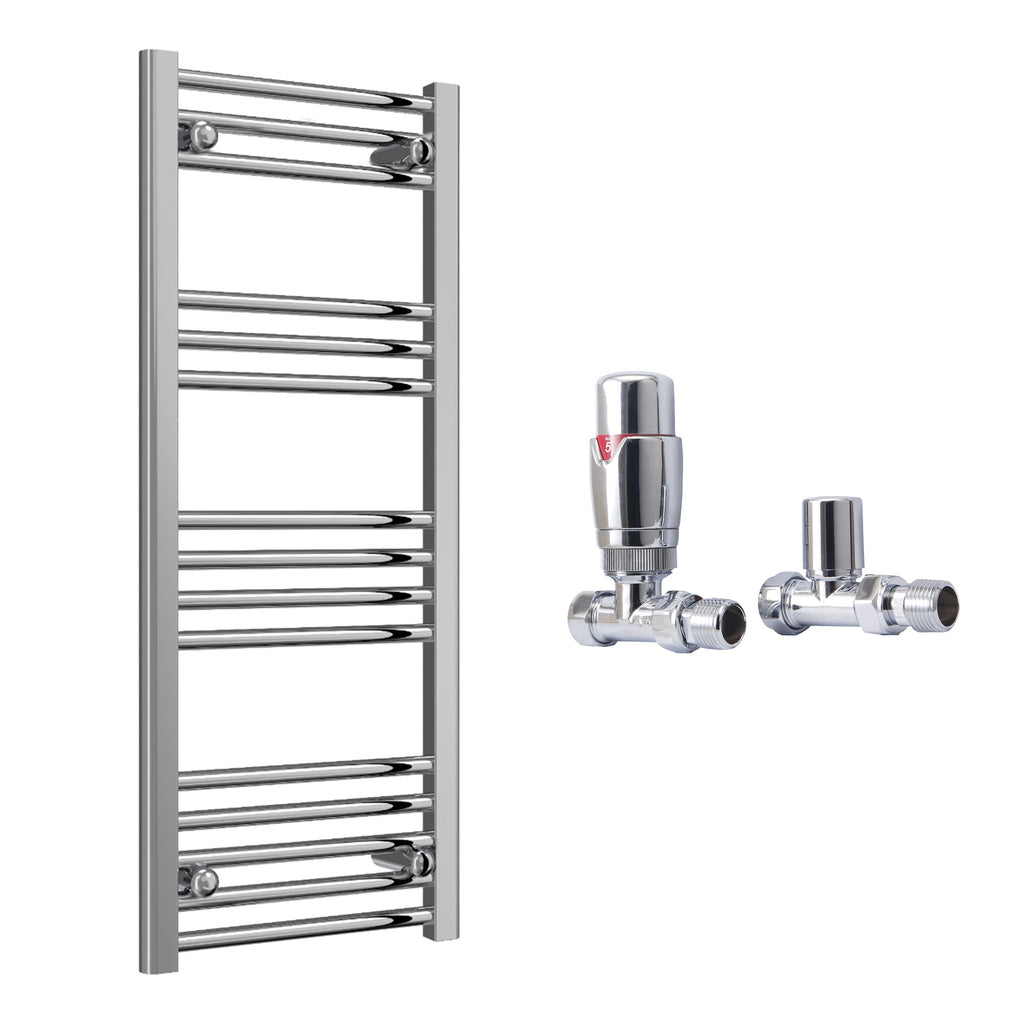 Reina Capo Flat Chrome Bathroom Heated Towel Rail 1000 x 400mm with TRV Straight Valves - Stylish Mild Steel Ladder Radiator