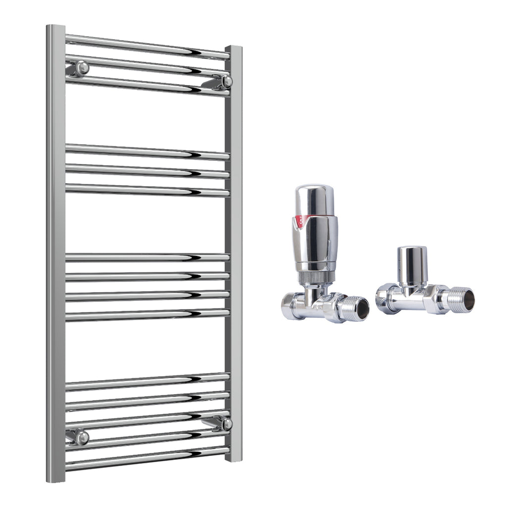Reina Capo Flat Chrome Bathroom Heated Towel Rail 1000 x 500mm with TRV Straight Valves - Stylish Mild Steel Ladder Radiator