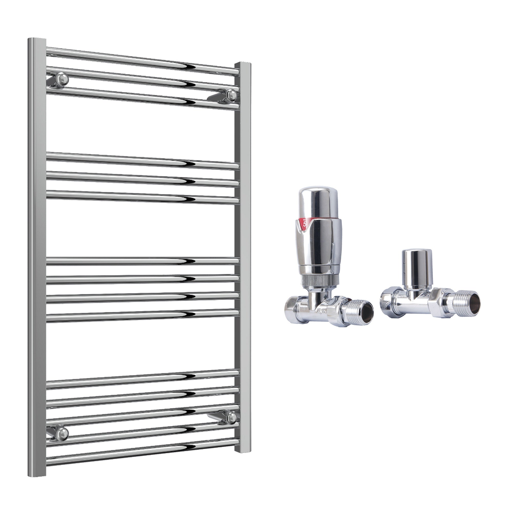 Reina Capo Flat Chrome Bathroom Heated Towel Rail 1000 x 600mm with TRV Straight Valves - Stylish Mild Steel Ladder Radiator