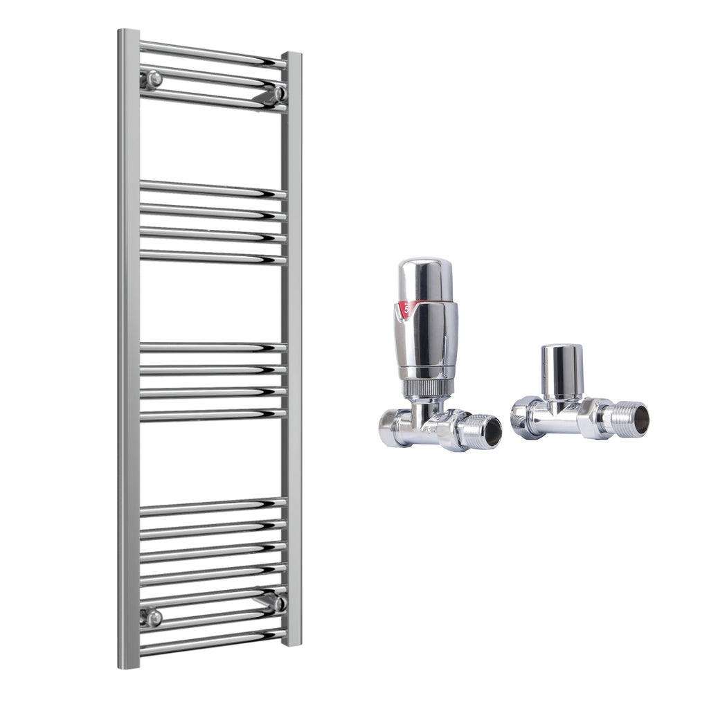 Reina Capo Flat Chrome Bathroom Heated Towel Rail 1200 x 400mm with TRV Straight Valves - Stylish Mild Steel Ladder Radiator