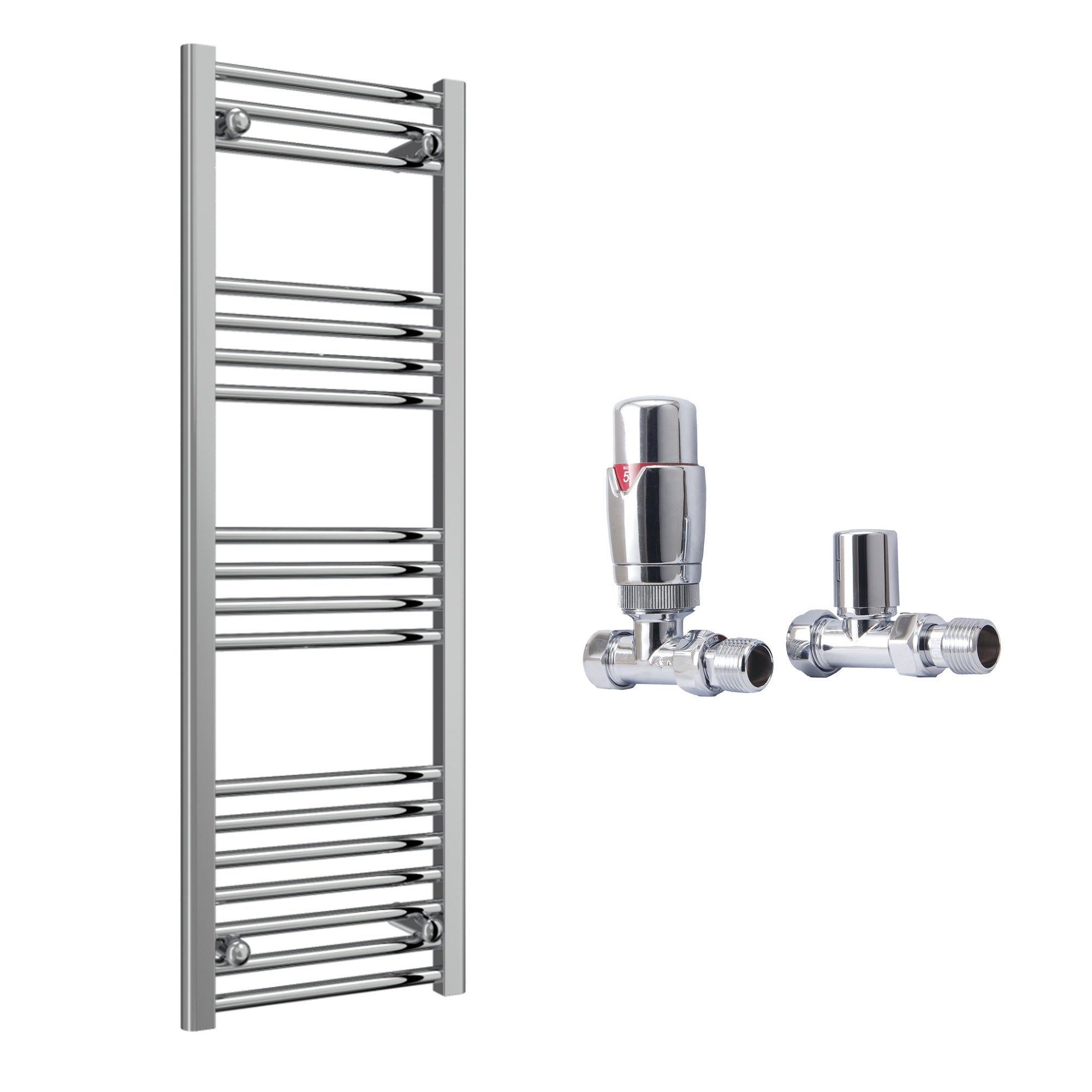 Reina Capo Flat Chrome Bathroom Heated Towel Rail 1200 x 400mm with TRV Straight Valves - Stylish Mild Steel Ladder Radiator
