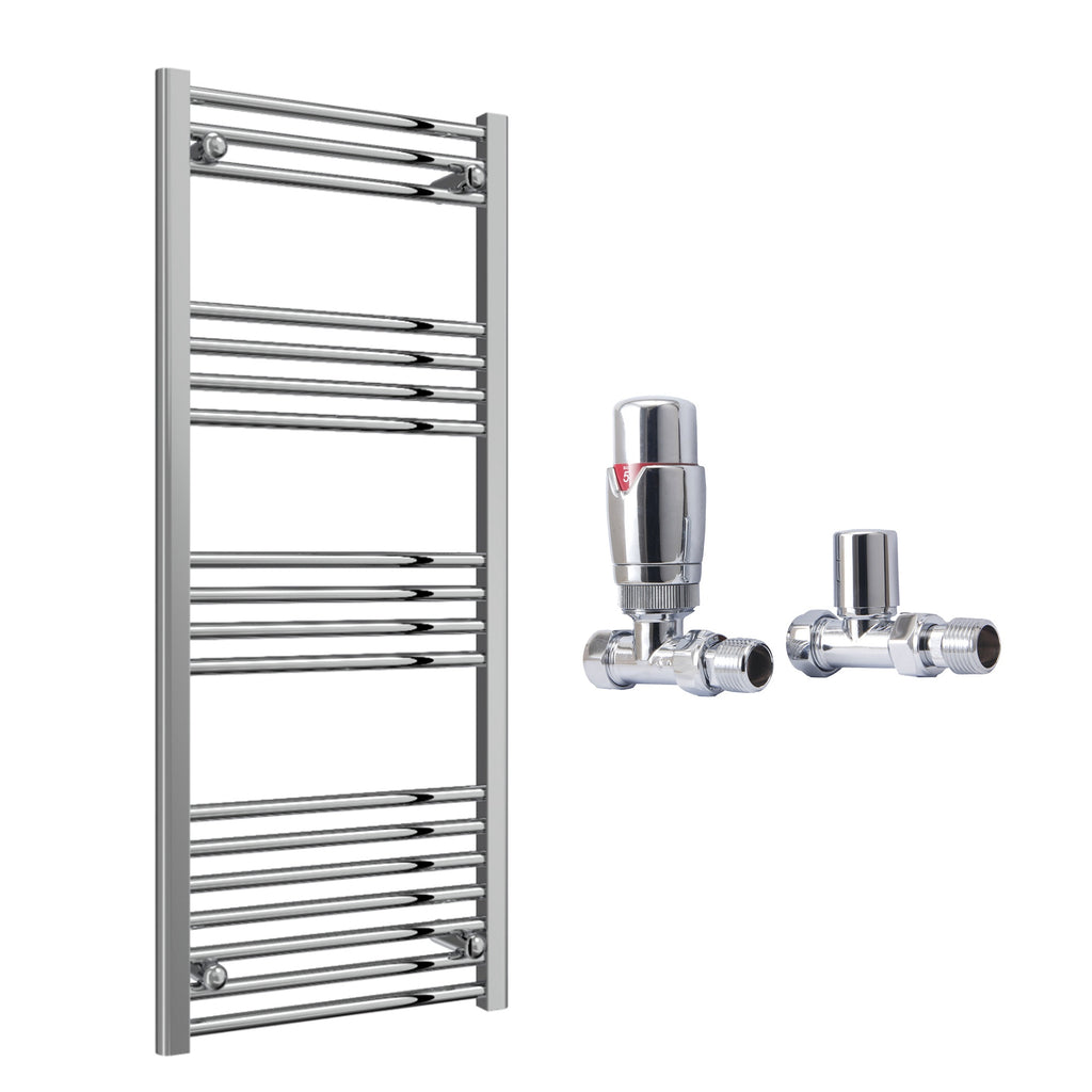 Reina Capo Flat Chrome Bathroom Heated Towel Rail 1200 x 500mm with TRV Straight Valves - Stylish Mild Steel Ladder Radiator
