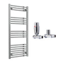 Reina Capo Flat Chrome Bathroom Heated Towel Rail 1200 x 500mm with TRV Straight Valves - Stylish Mild Steel Ladder Radiator