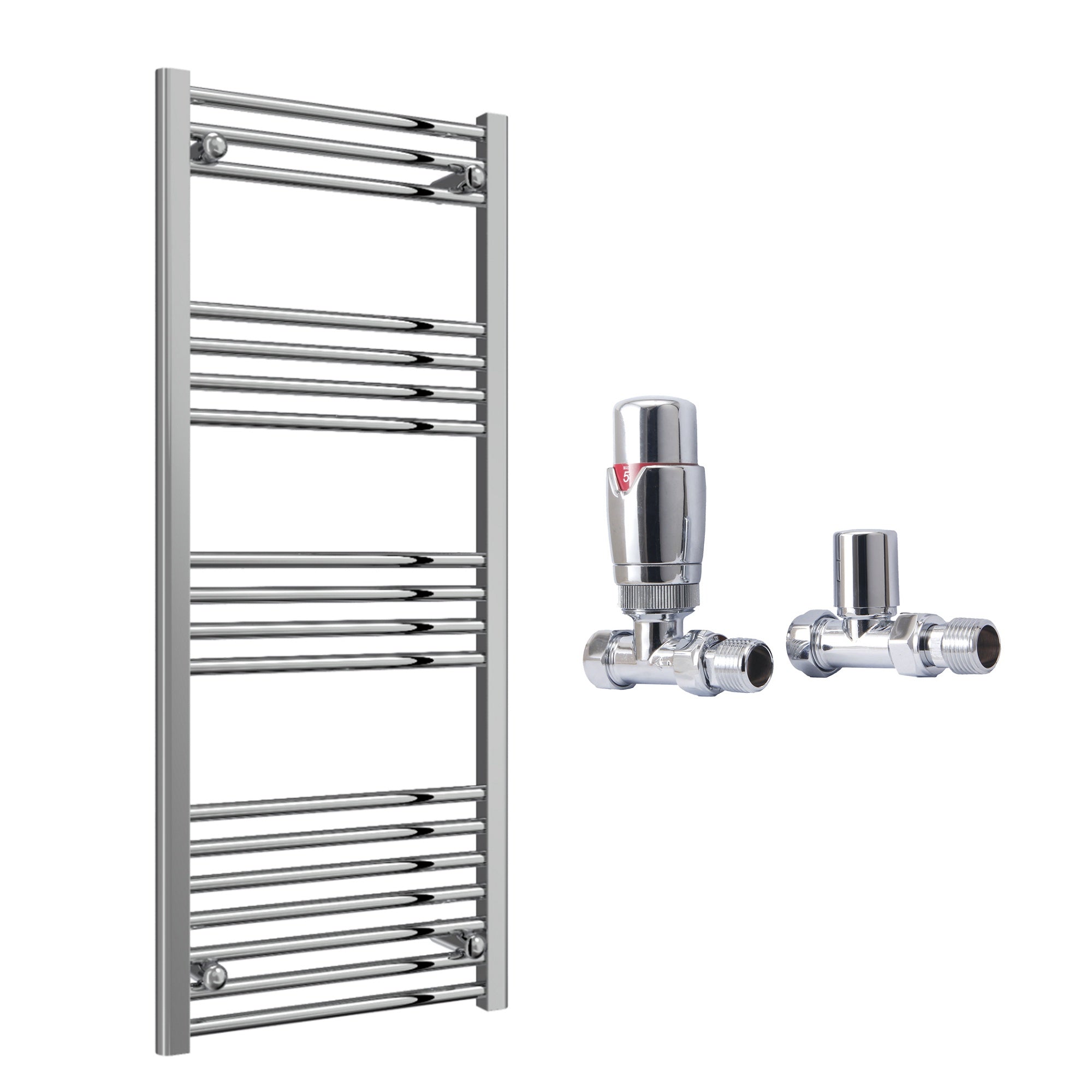 Reina Capo Flat Chrome Bathroom Heated Towel Rail 1200 x 500mm with TRV Straight Valves - Stylish Mild Steel Ladder Radiator